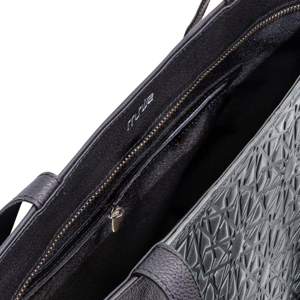 Black Leather Tote Bag - Alhambra Pattern Embossed