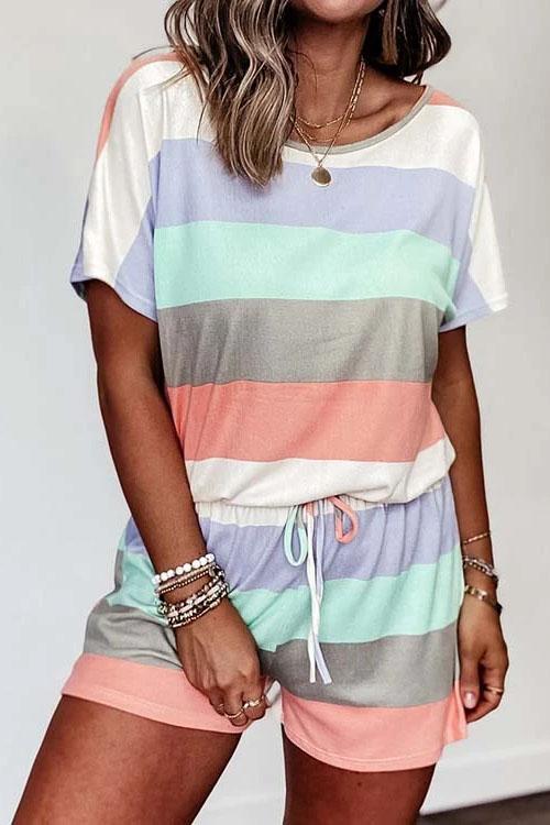 Striped Color Block Short Sleeves Drawstring Romper