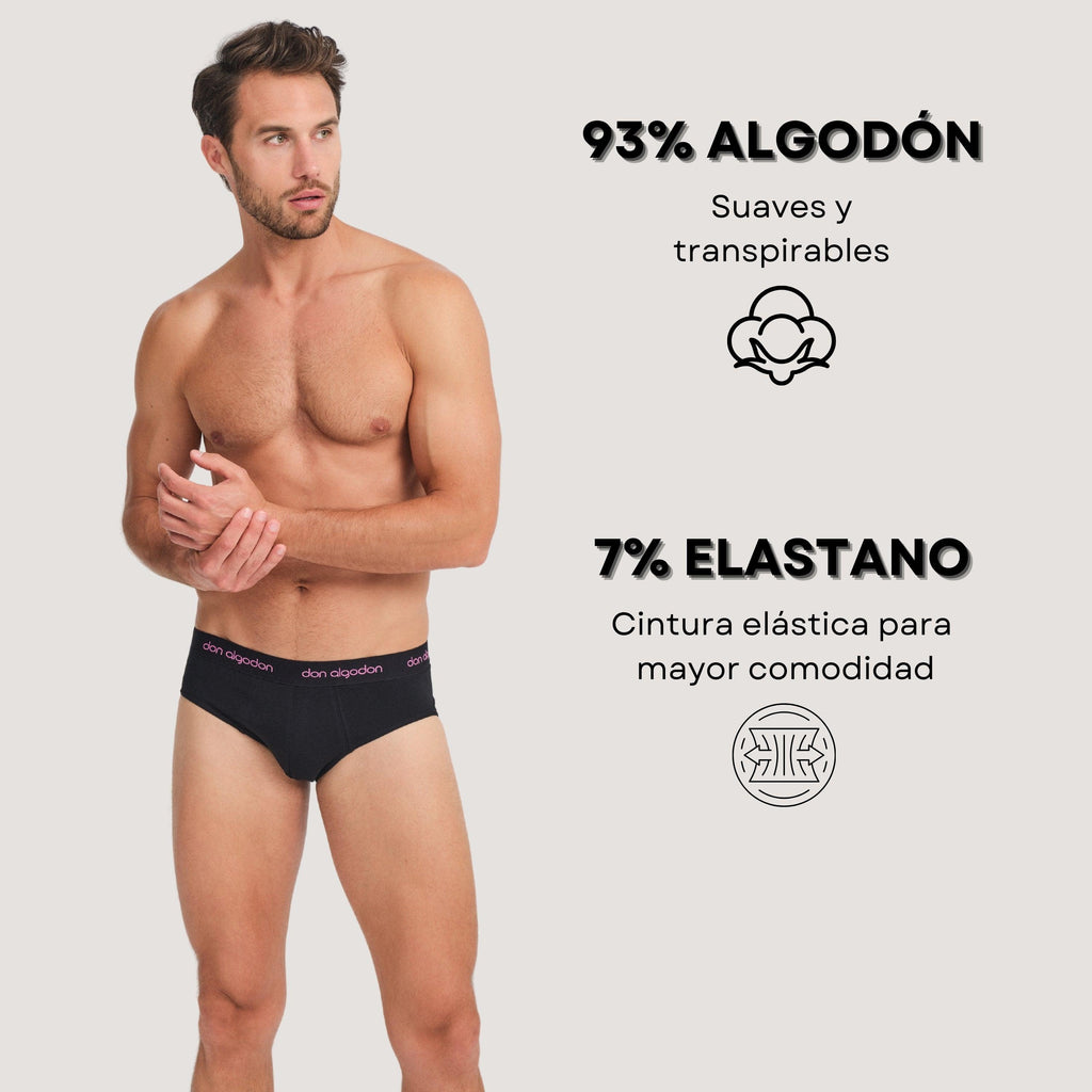 Don Algodon | Pack 6 Slips Lisos | Negros con Cintura a Colores | Transpirables