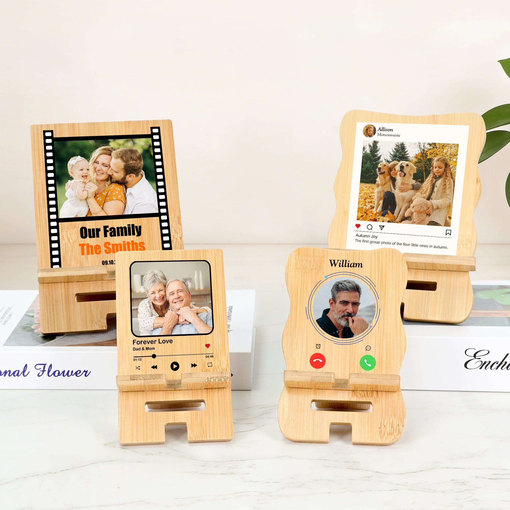 Foto Personalizada Portátil Desmontable de Bambú Teléfono Soporte para Ipad con Nombre Texto y Fecha Organizador de Escritorio Uso Diario Regalo de Cumpleaños para la Familia