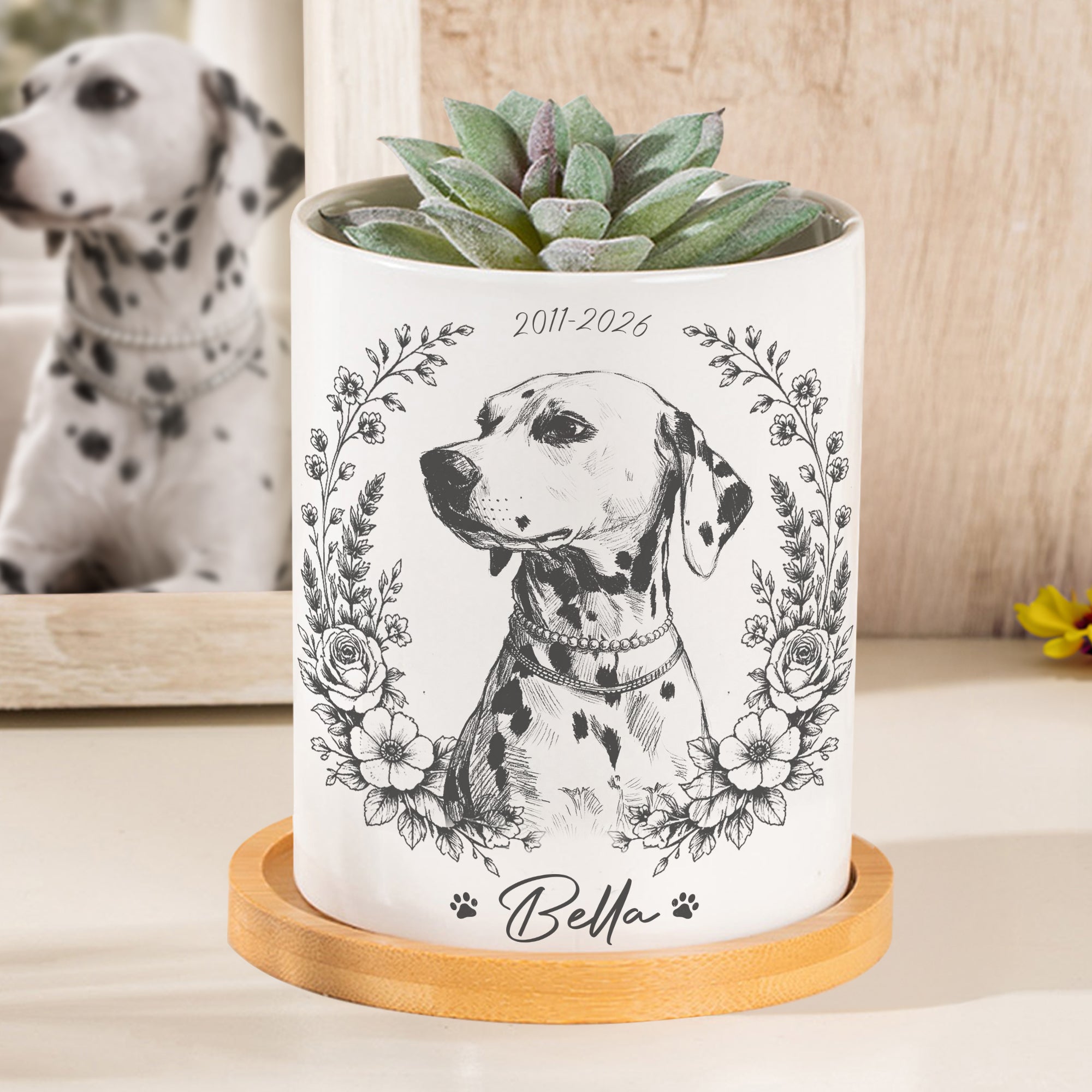 Maceta de cerámica personalizada con retrato a lápiz de mascota con base de bambú y nombre Decoración del hogar Regalo de cumpleaños conmemorativo para el dueño de una mascota
