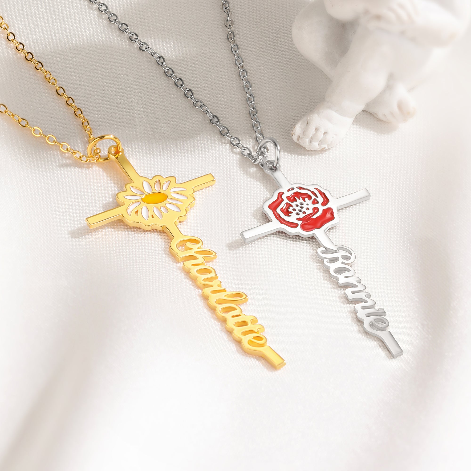 Personalizada de color collar de flores de nacimiento de la Cruz con el nombre de la joyería delicada cumpleaños Aniversario de regalo para las mujeres cristianas