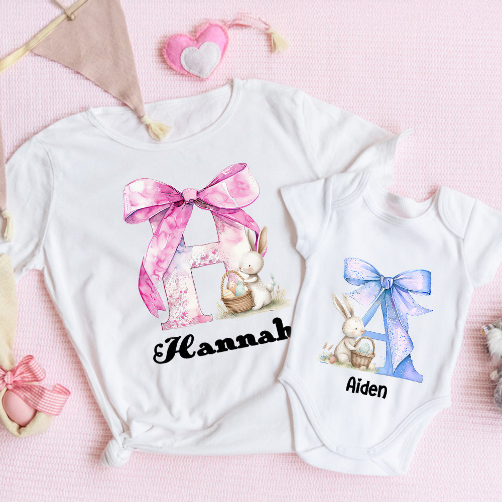 Personalizado Lindo Conejito Lazo Inicial 100% Algodón Camiseta Bebé Body con Nombre Cumpleaños Día de la Madre Pascua Regalo para Bebé Mamá