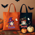 Escoba mágica personalizada Fantasma Caramelo Halloween Personaje de dibujos animados Bolsa de lona con nombre Fiesta de Halloween Regalo para niños Niñas