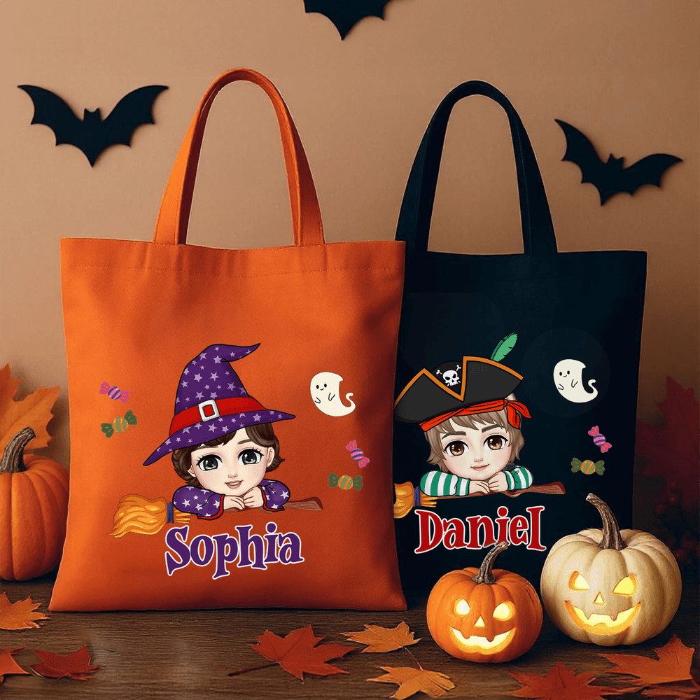 Escoba mágica personalizada Fantasma Caramelo Halloween Personaje de dibujos animados Bolsa de lona con nombre Fiesta de Halloween Regalo para niños Niñas