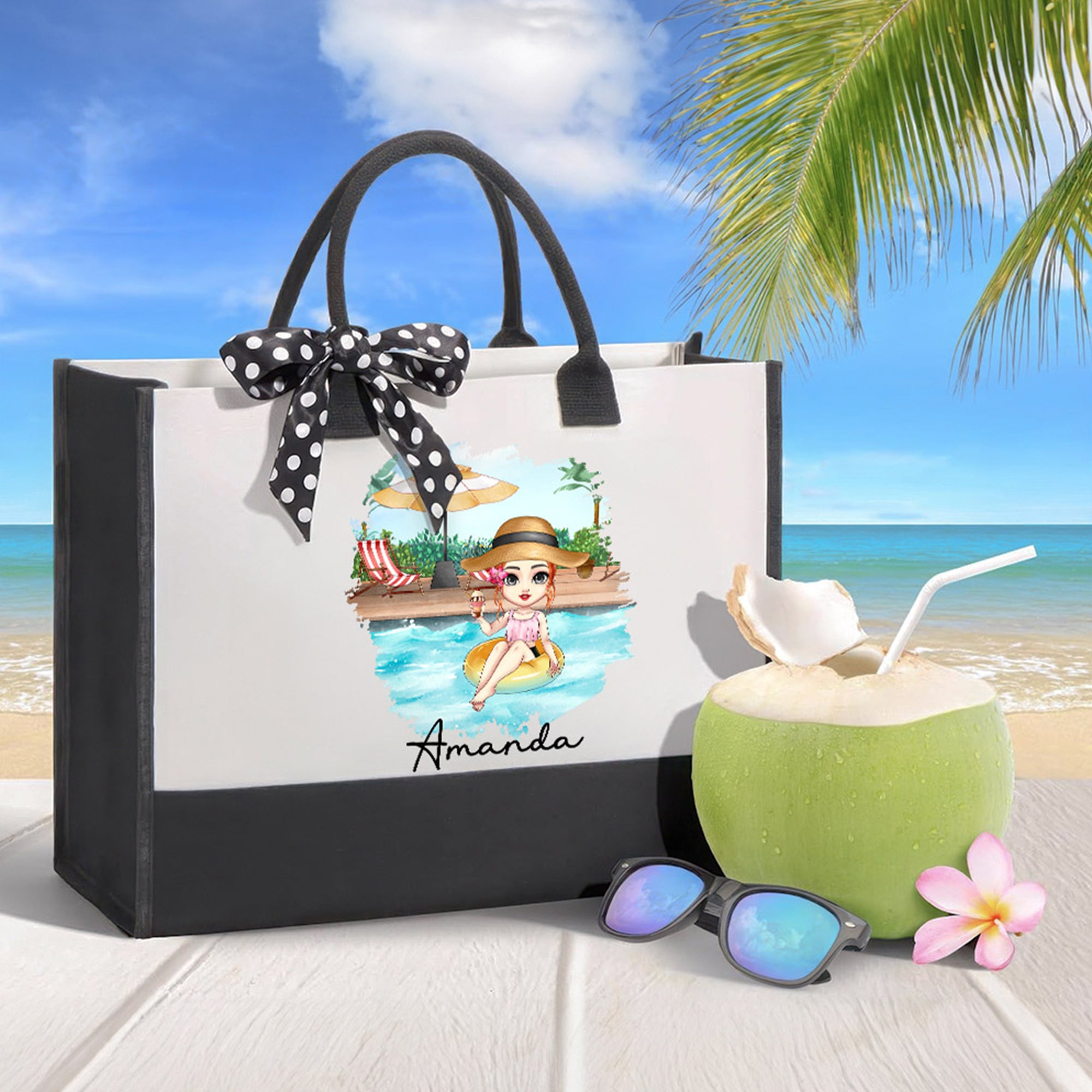 Personalizado Piscina Vacaciones Dibujos Animados Niña Lienzo Bolsa Tote con Nombre Accesorio Viaje Cumpleaños Aniversario Regalo para Mujer