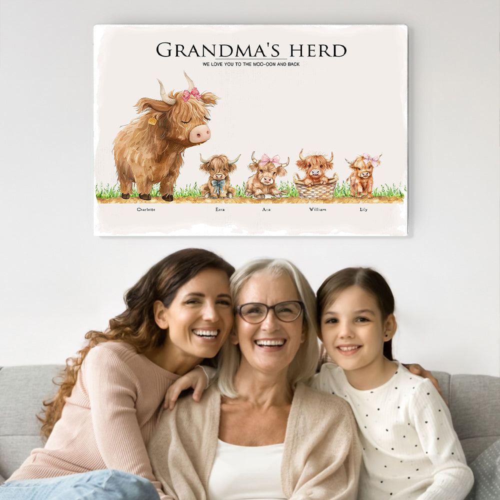 Póster personalizado de la familia de vacas Highland Pintura sin marco con 2-17 nombres Decoración del hogar Cumpleaños Día de la madre Día del padre Regalo para mamá Papá