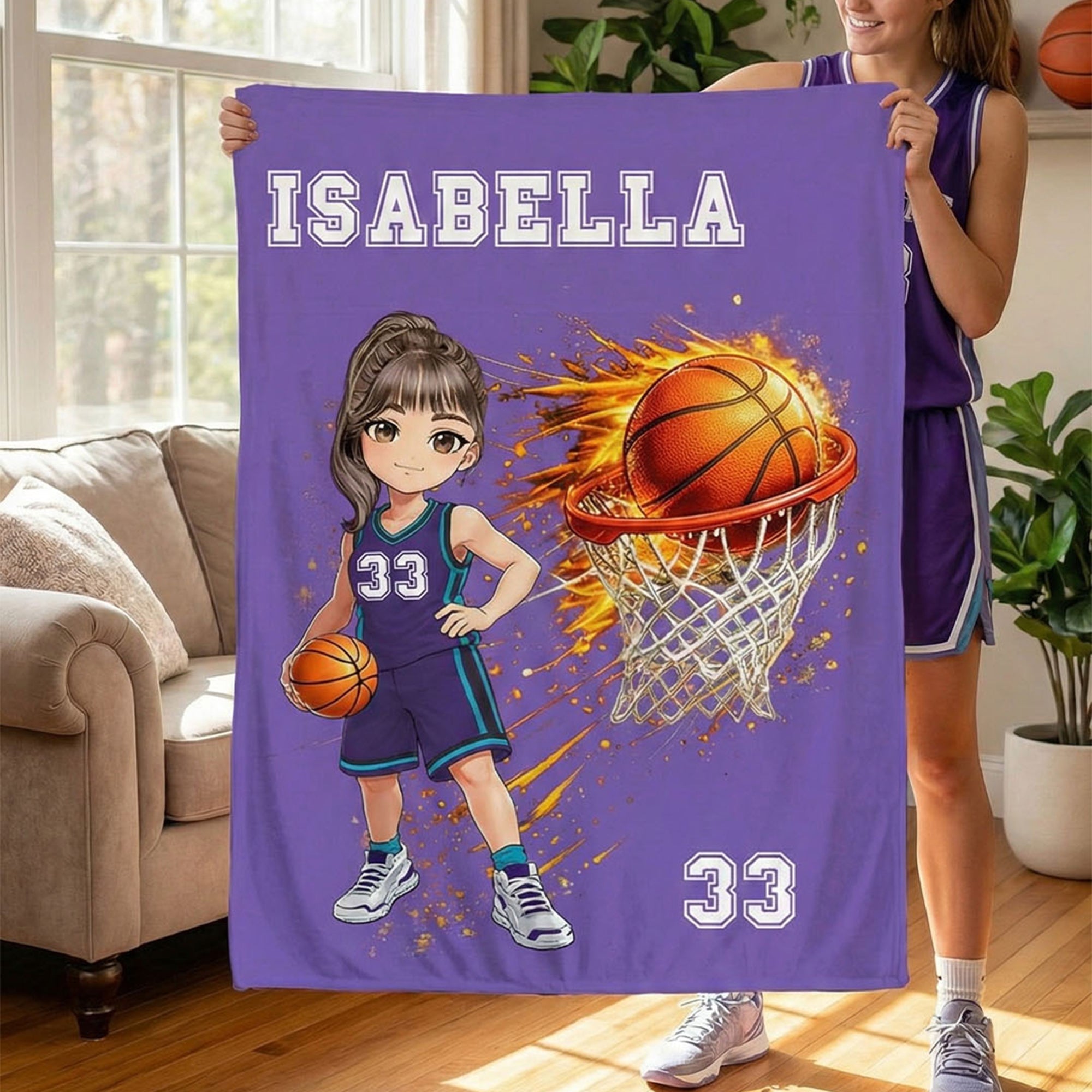 Manta de baloncesto multicolor personalizada con nombre y número Decoración del hogar Regalo de cumpleaños del equipo para los amantes del baloncesto