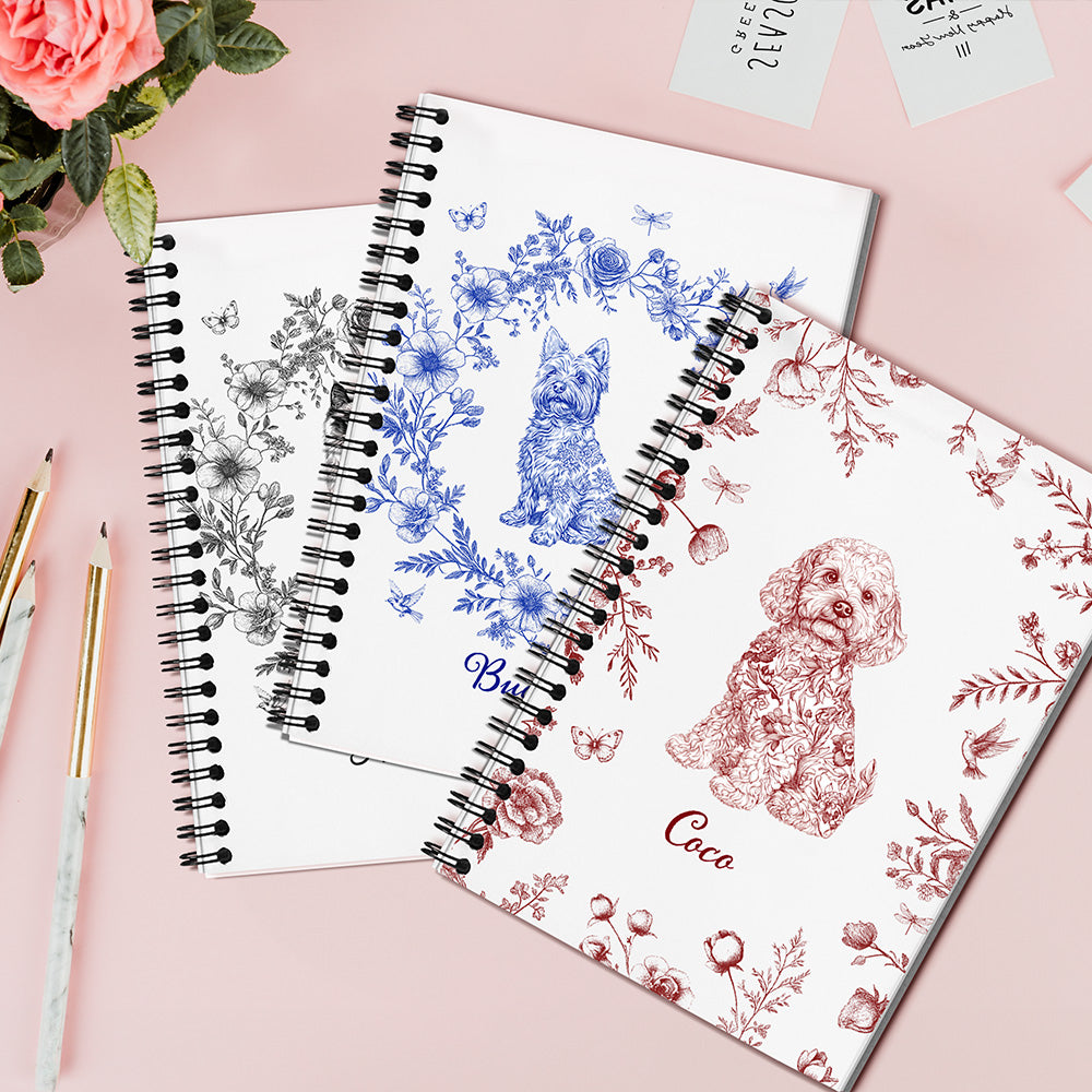 Cuaderno de espiral A5 personalizado estilo Toile de Jouy para perro y gato con nombre y 120 páginas rayadas Regalo de condolencia en memoria de los dueños de mascotas