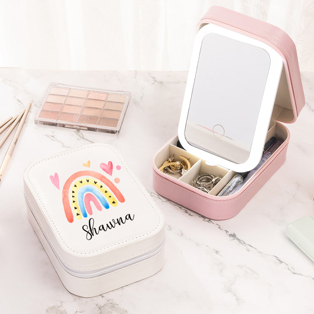 Caja de joyería de cuero de la PU del arco iris de la acuarela personalizada con nombre y LED de tres colores ajustable Espejo de maquillaje Regalo de cumpleaños para las mujeres