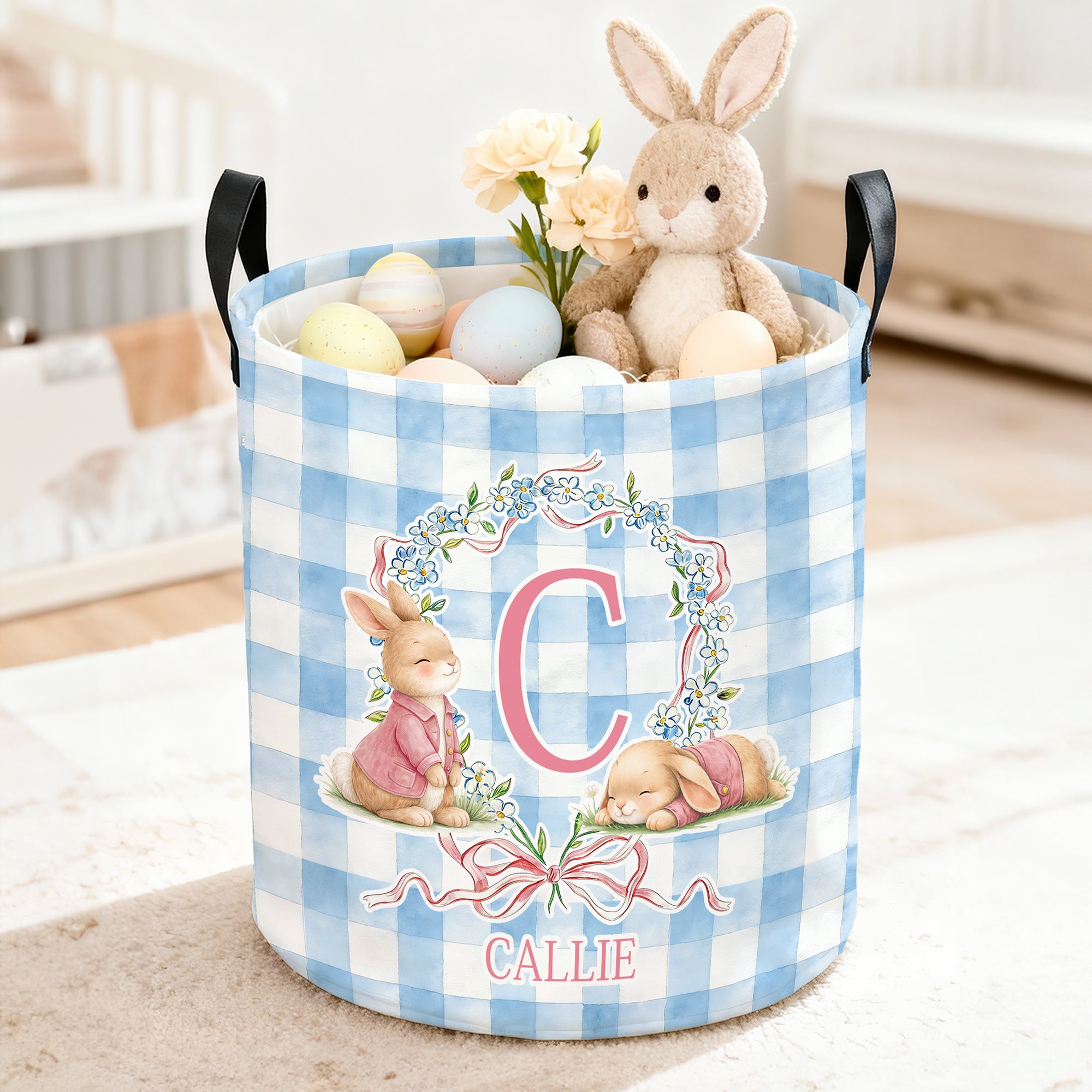Conejito de Pascua personalizado Cesto de la ropa sucia con lazo a cuadros con inicial y nombre Regalo para el día de Pascua de uso diario para niños