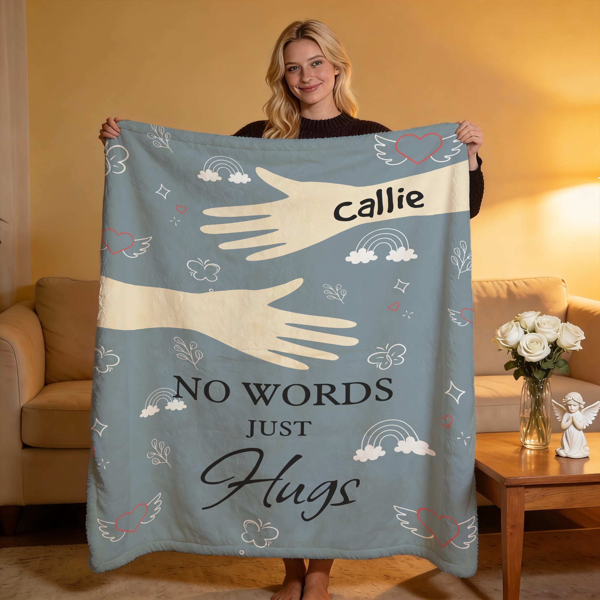 Personalizada No Words Just Hugs Rainbow Heart Soft Comfort Throw Blanket with Name Home Decor Sympathy Memorial Gift for Family Friends