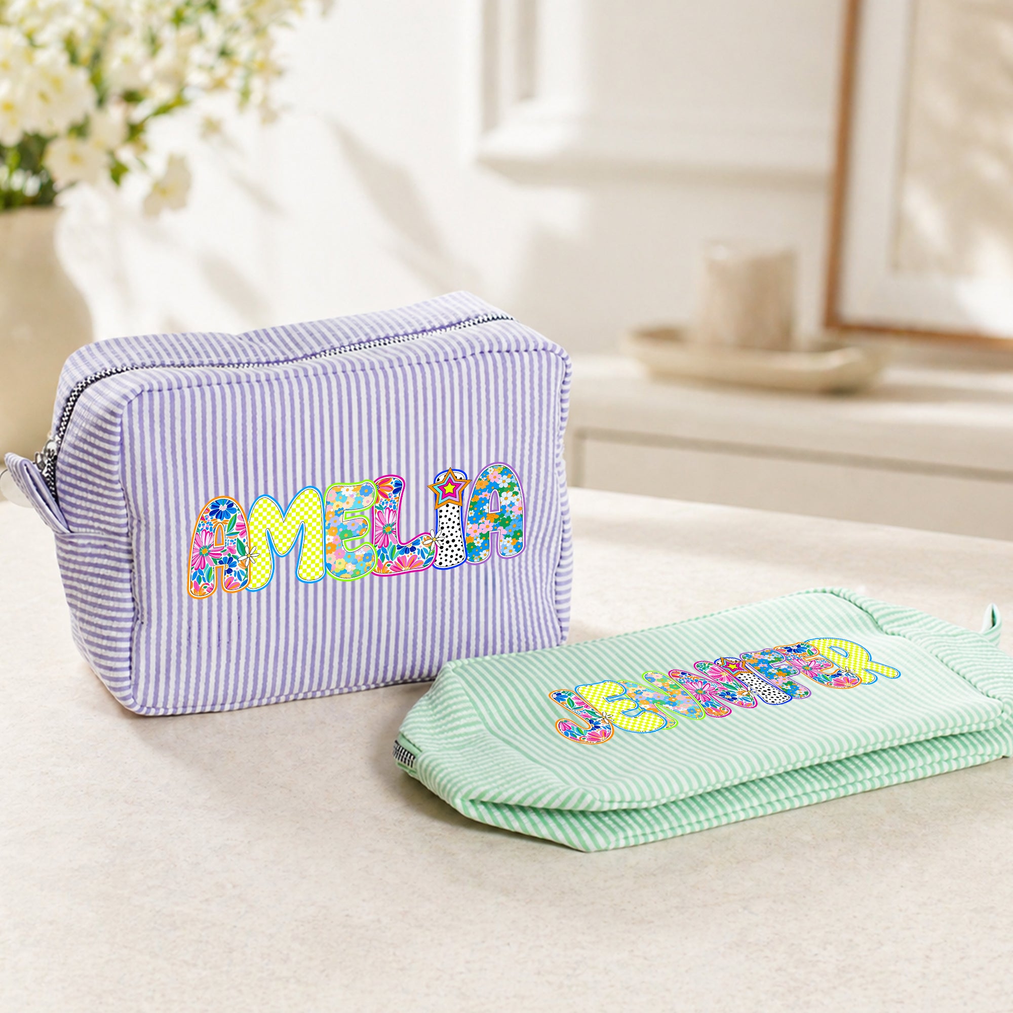 Bolsa de Maquillaje Personalizada Multicolor Efecto Artístico a Rayas con Nombre Regalo de Cumpleaños Esencial de Viaje para Mujer