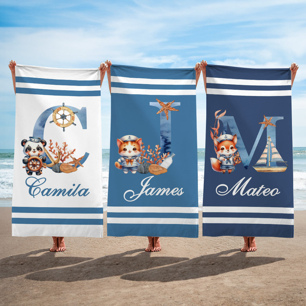 Toalla de playa personalizada con nombre en forma de animal marinero, con iniciales, de gran tamaño y de secado rápido. Regalo esencial para viajes de verano, cumpleaños, fiesta de vacaciones, para ni