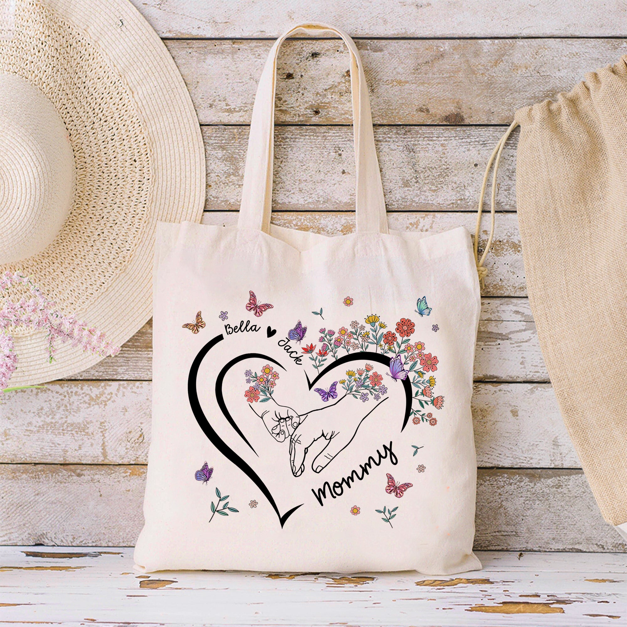 Bolsa de lona personalizada con diseño de mariposa floral en forma de corazón con nombres y asa Regalo de cumpleaños del Día de la Madre para mamá Dueña de mascota