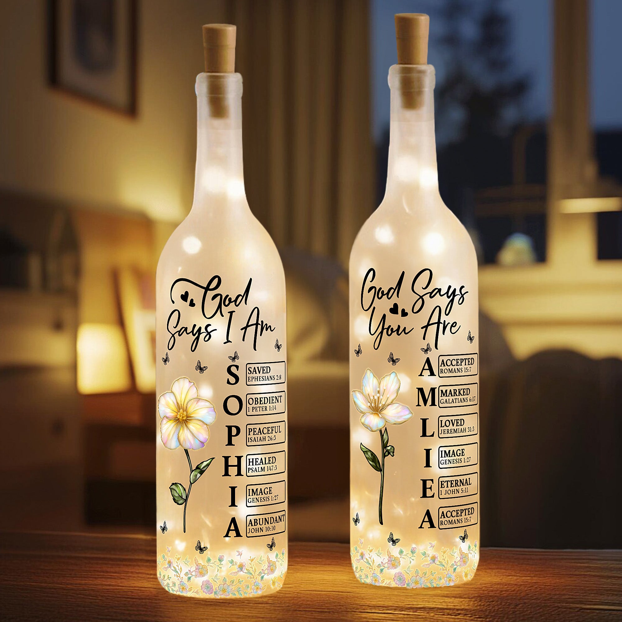 Personalizado elegante Dios dice que soy el nacimiento de flores de mariposa amor cita de cristal LED botella de la lámpara con el nombre del Día de la Madre de regalo para la abuela mamá