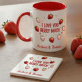 Taza de Cerámica Personalizada I Love You Berry Much Strawberry Design 11 oz 15 oz con Nombre y Posavasos Regalo de Cumpleaños de San Valentín para Pareja