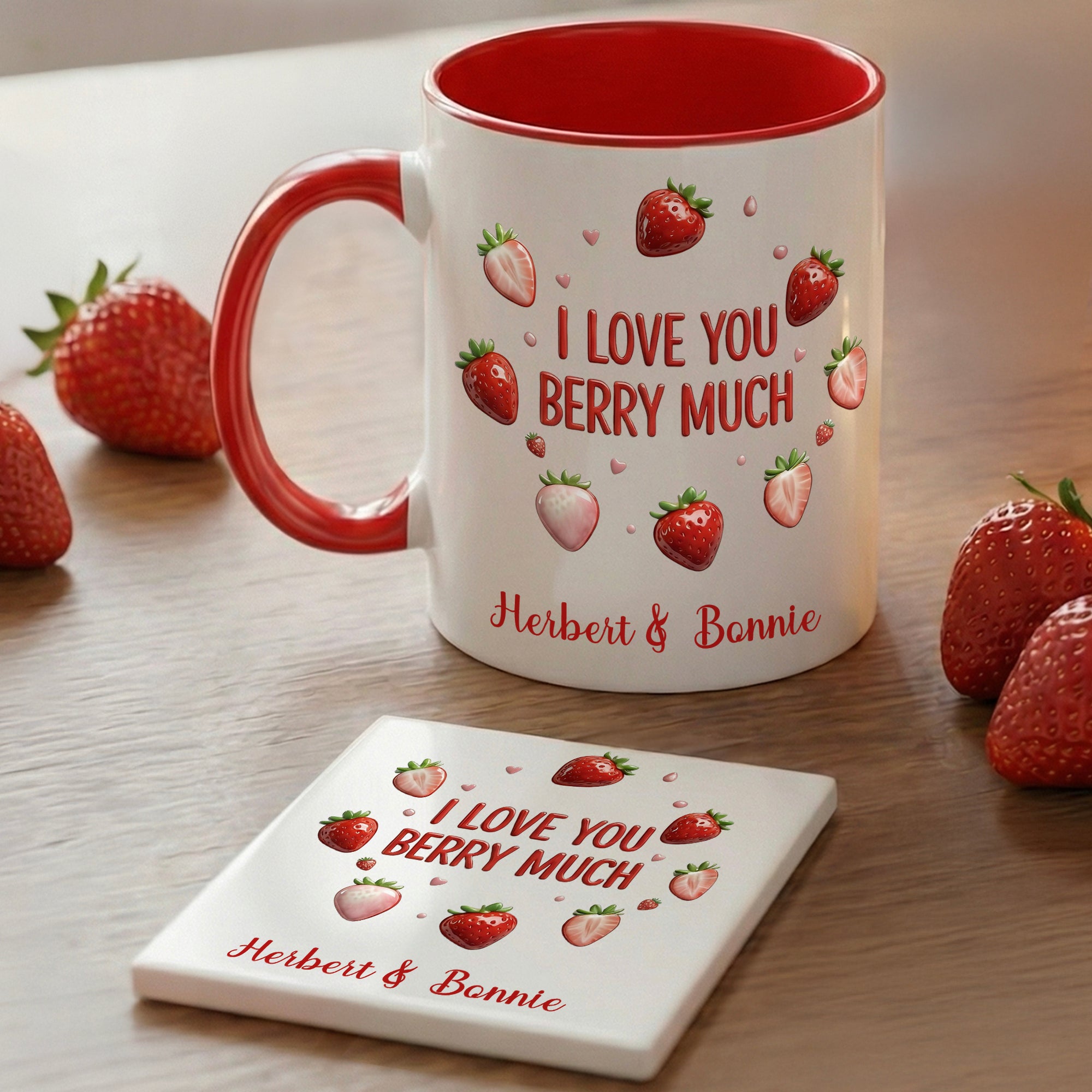 Taza de Cerámica Personalizada I Love You Berry Much Strawberry Design 11 oz 15 oz con Nombre y Posavasos Regalo de Cumpleaños de San Valentín para Pareja