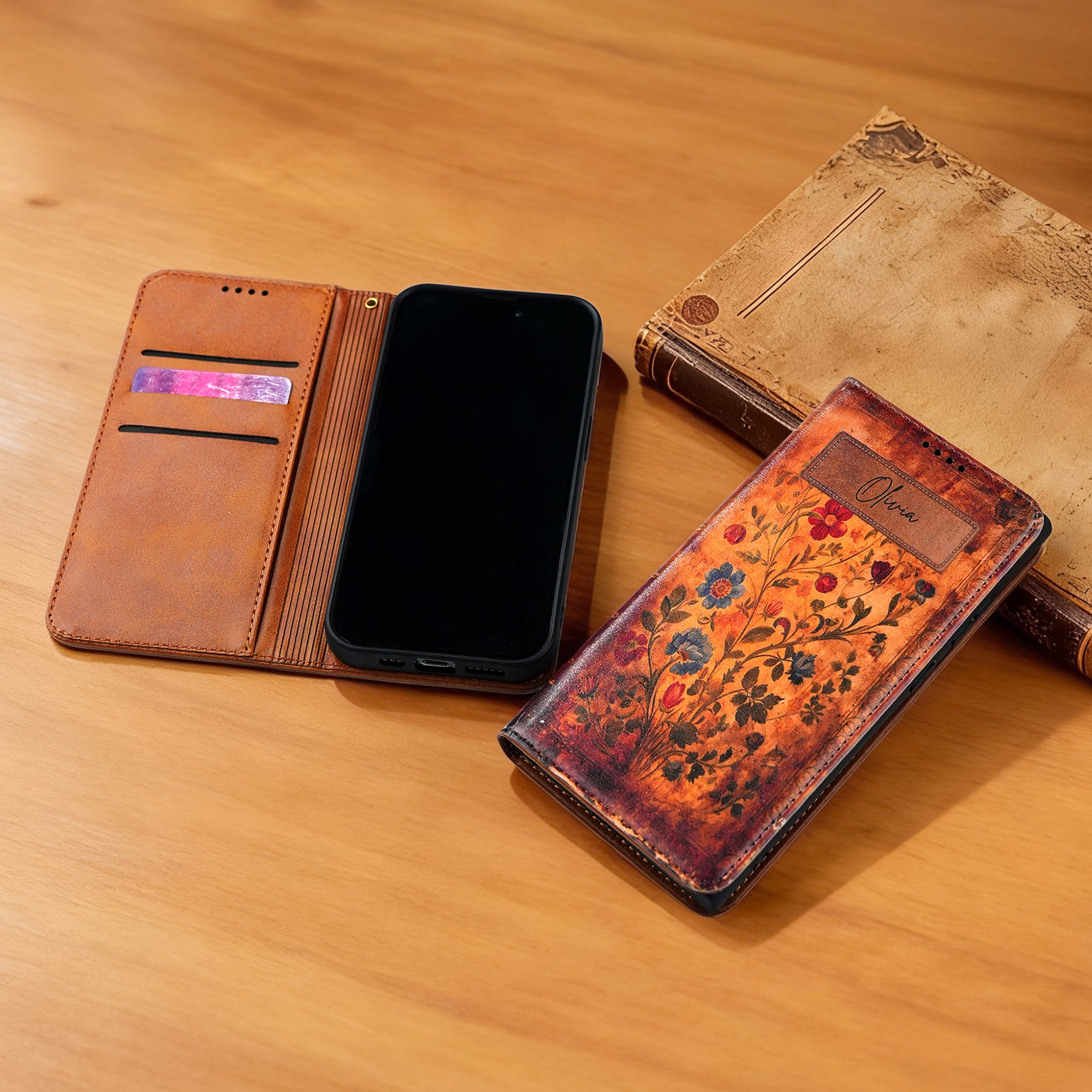 Personalizada Retro Floral Spell Libro PU Cuero Flip Cartera Funda de teléfono para el iPhone Samsung con el nombre Regalo de cumpleaños para los ratones de biblioteca