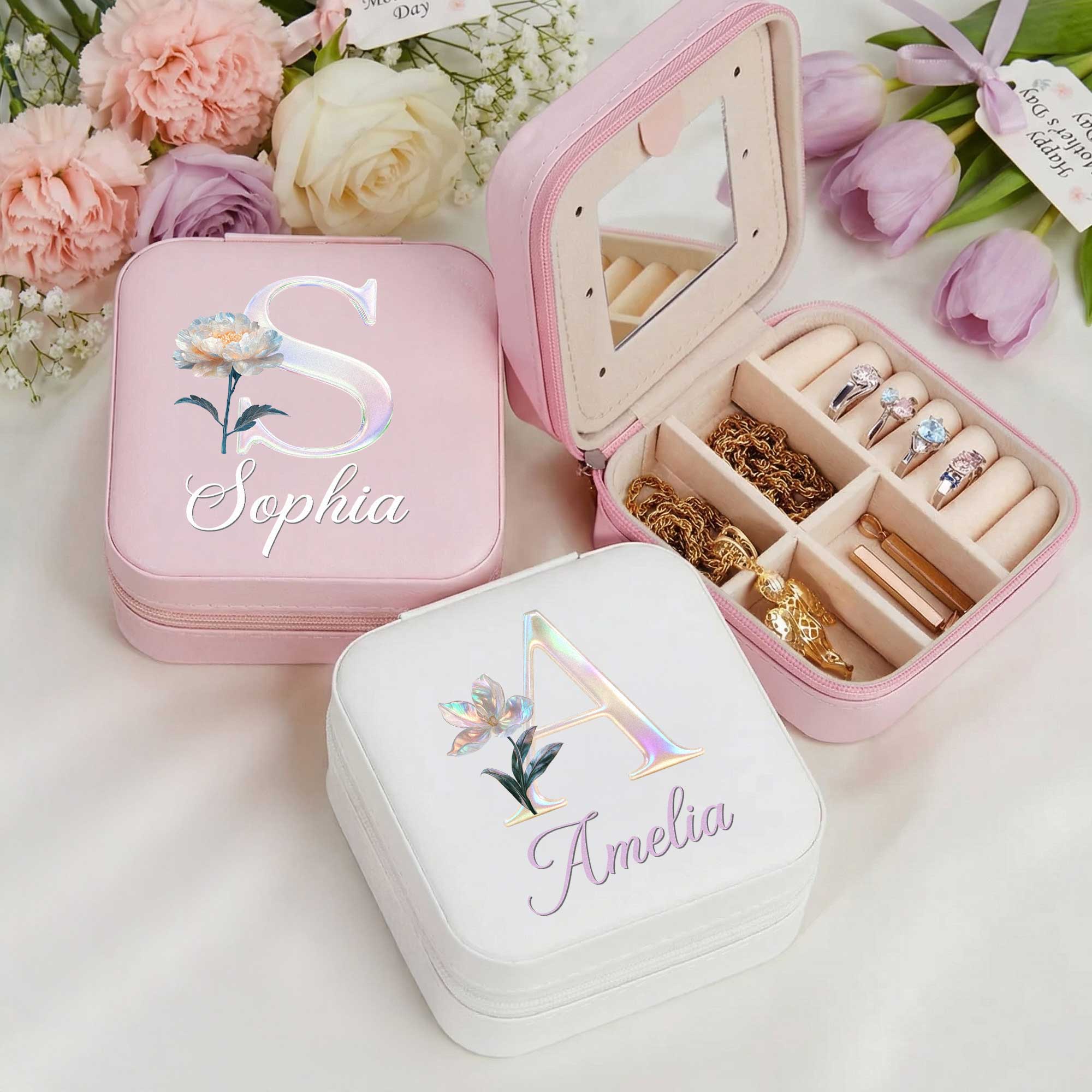 Personalizada Madre de Efecto Perla Nacimiento Flor PU Caja de joyería de cuero con nombre Día de la Madre Cumpleaños Boda Regalo para Mamá Dama de honor Mujer