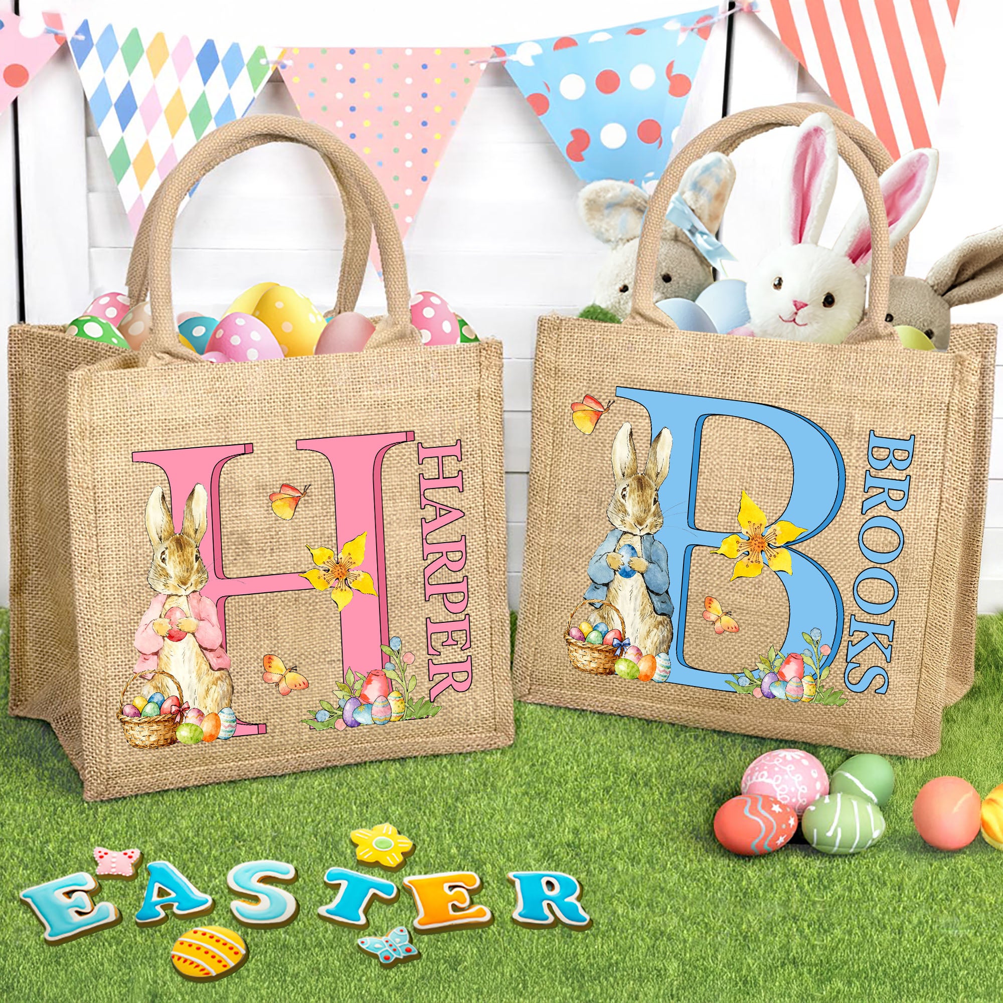 Conejito de Pascua personalizado Bolsa de yute grande con nombre e inicial Regalo de Pascua para niños