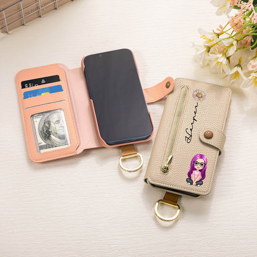 Personalizado Nacimiento Flor Cartoon Personaje Funda de cuero Flip Teléfono Cartera con Nombre RFID Bloqueo Tarjetero Día de la Madre Regalo de cumpleaños para las mujeres