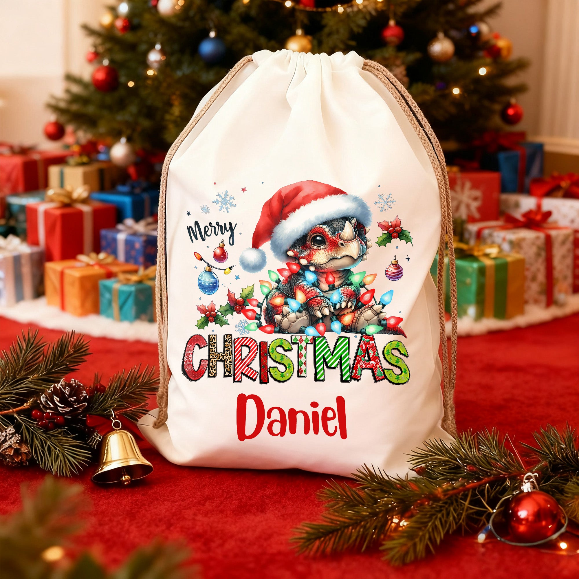 Linternas personalizadas Santa sombrero de dinosaurio de lona grande bolsa de regalo de cordón con el nombre de regalo de Navidad para los amigos de la familia