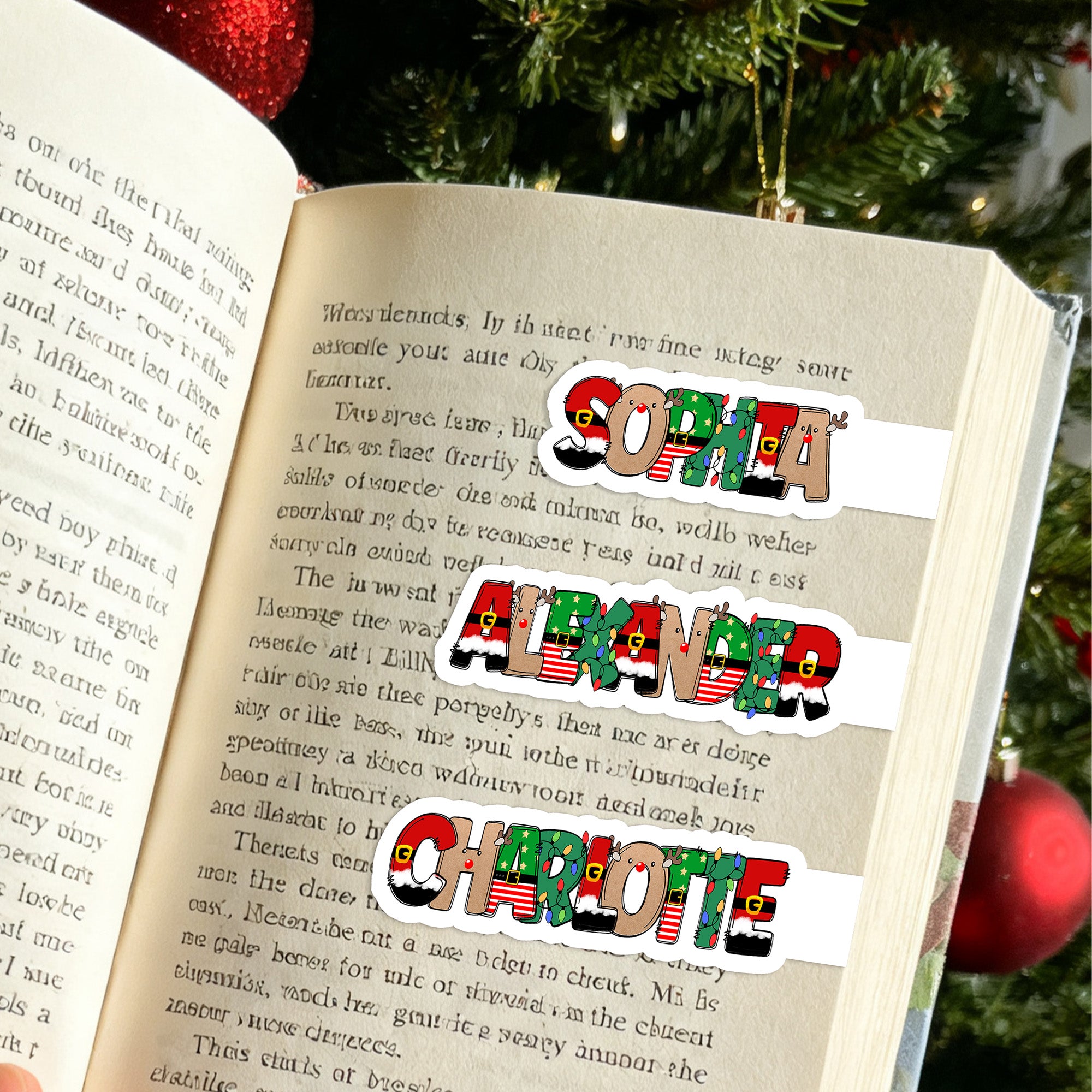 Marcapáginas magnético personalizado con el nombre de la letra de un garabato navideño Accesorio de lectura Regalo de Navidad para los amantes de los libros Ratones de biblioteca