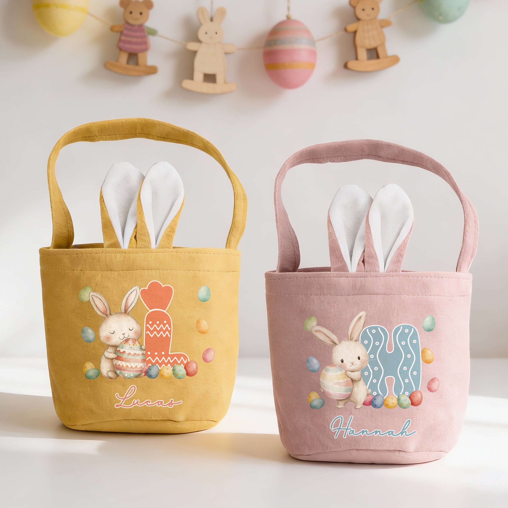 Conejito de Pascua personalizado con nombre e inicial Fiesta de Pascua Huevos de Caza Regalo para niños Niñas
