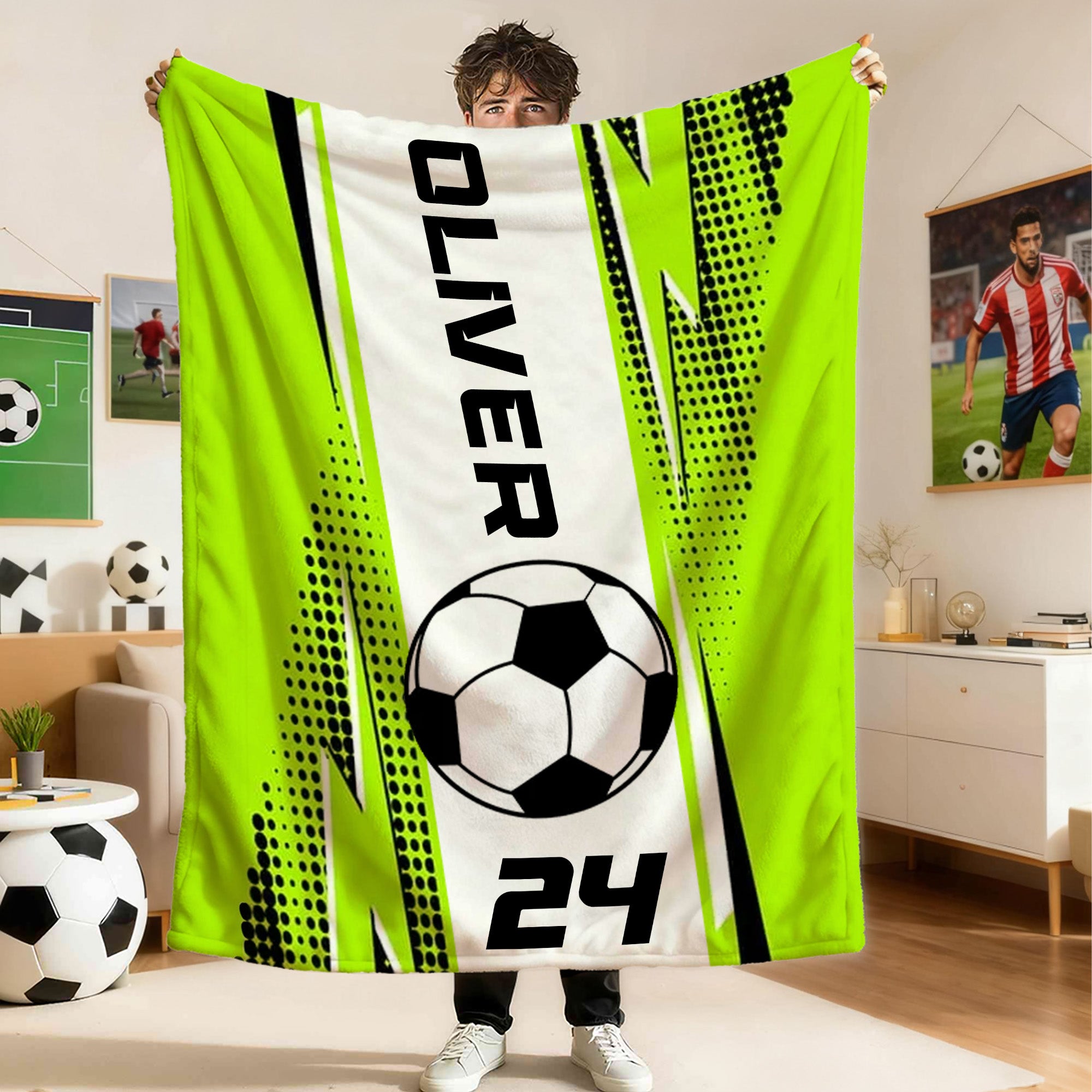 Manta de peluche personalizada con nombre y número Sportball Decoración del dormitorio del hogar Regalo de cumpleaños para los amantes del deporte