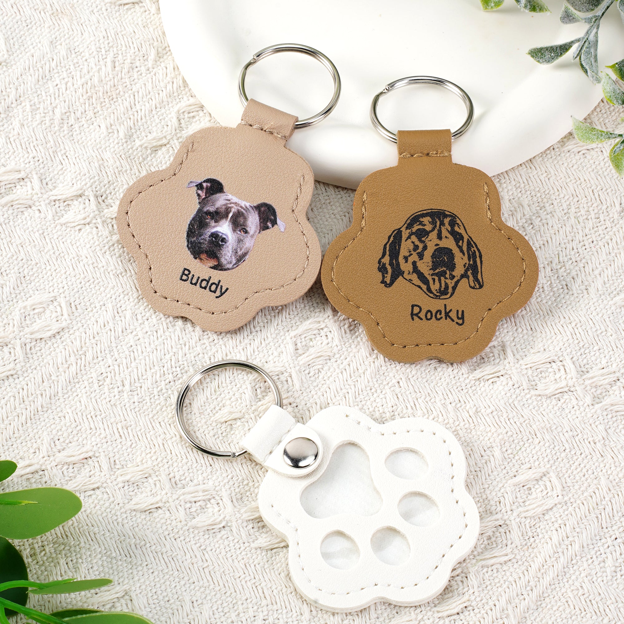 Llavero de cuero de PU personalizado con la cara de la mascota linda impresión de la pata con el nombre de almacenamiento de pelo recuerdo conmemorativo simpatía regalo para amante de las mascotas pér