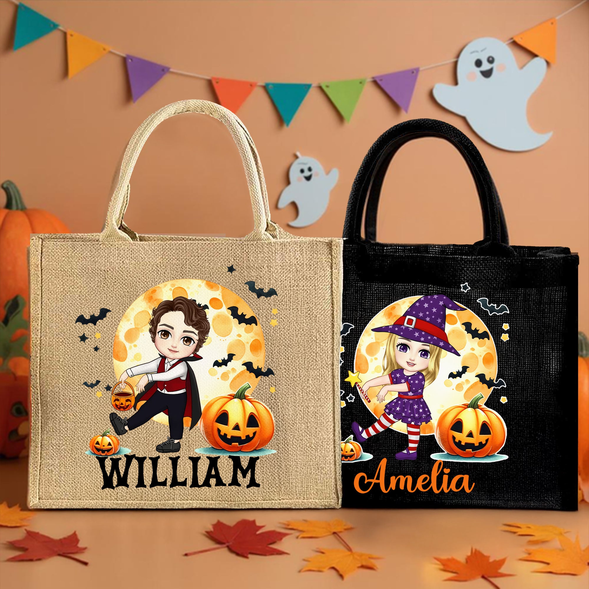 Personalizada de Halloween de disfraces de dibujos animados de calabaza de yute Bolsa con nombre de Trick or Treat Halloween Party Regalo para Niños Niñas