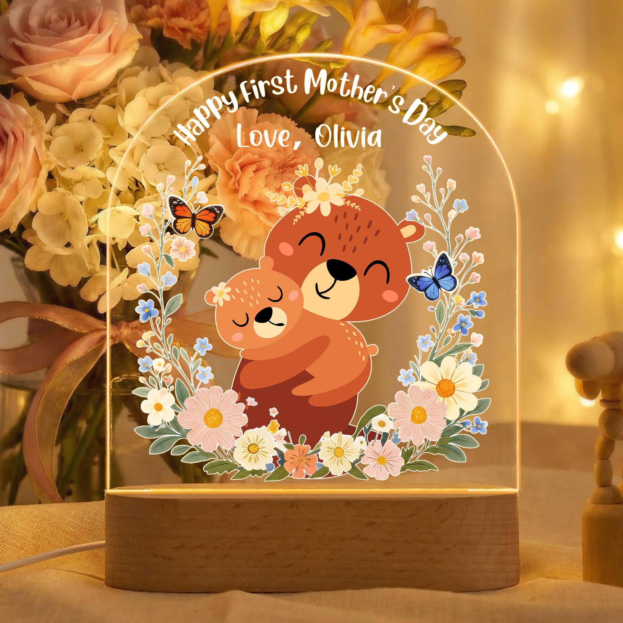 Luz de Noche Acrílica Personalizada con Nombre y Base de Madera Decoración de Habitación Cumpleaños Día de la Madre Regalo para Mamá Bebé