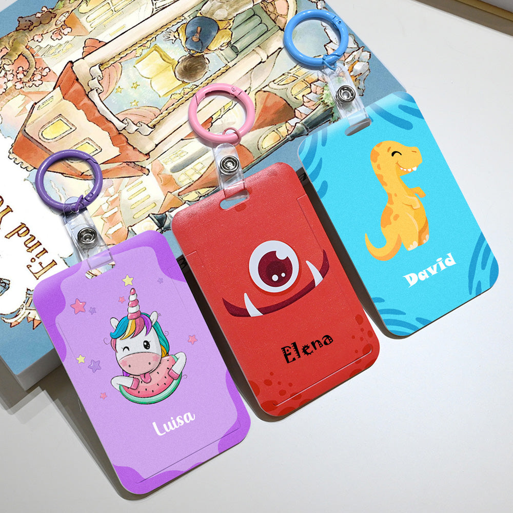Portatarjetas con mosquetón personalizado con nombre y motivo de monstruo animal regalo de cumpleaños y regreso a la escuela para niños y estudiantes