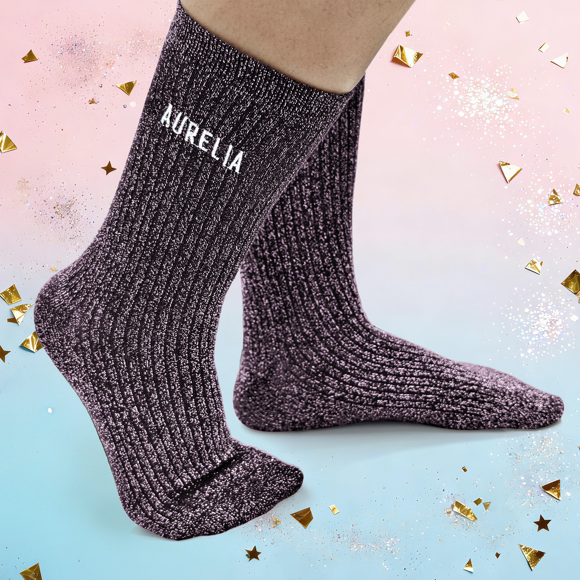 Calcetines Personalizados Bordados con Nombre Purpurina Multicolor Medias Suaves de Uso Diario Fiesta Cumpleaños Regalo para Mujer