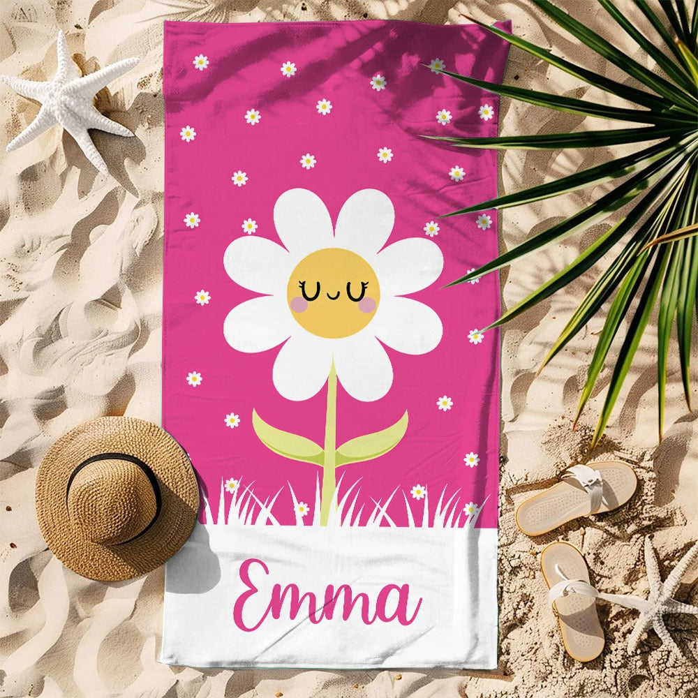 Toalla de playa personalizado de secado rápido con diseño de margaritas de colores y nombre accesorio para vacaciones regalo de cumpleaños para niños
