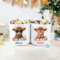 Cesta de huevos de Pascua personalizada con el nombre de una linda vaca de las Highlands Regalo de Pascua para niños Niñas