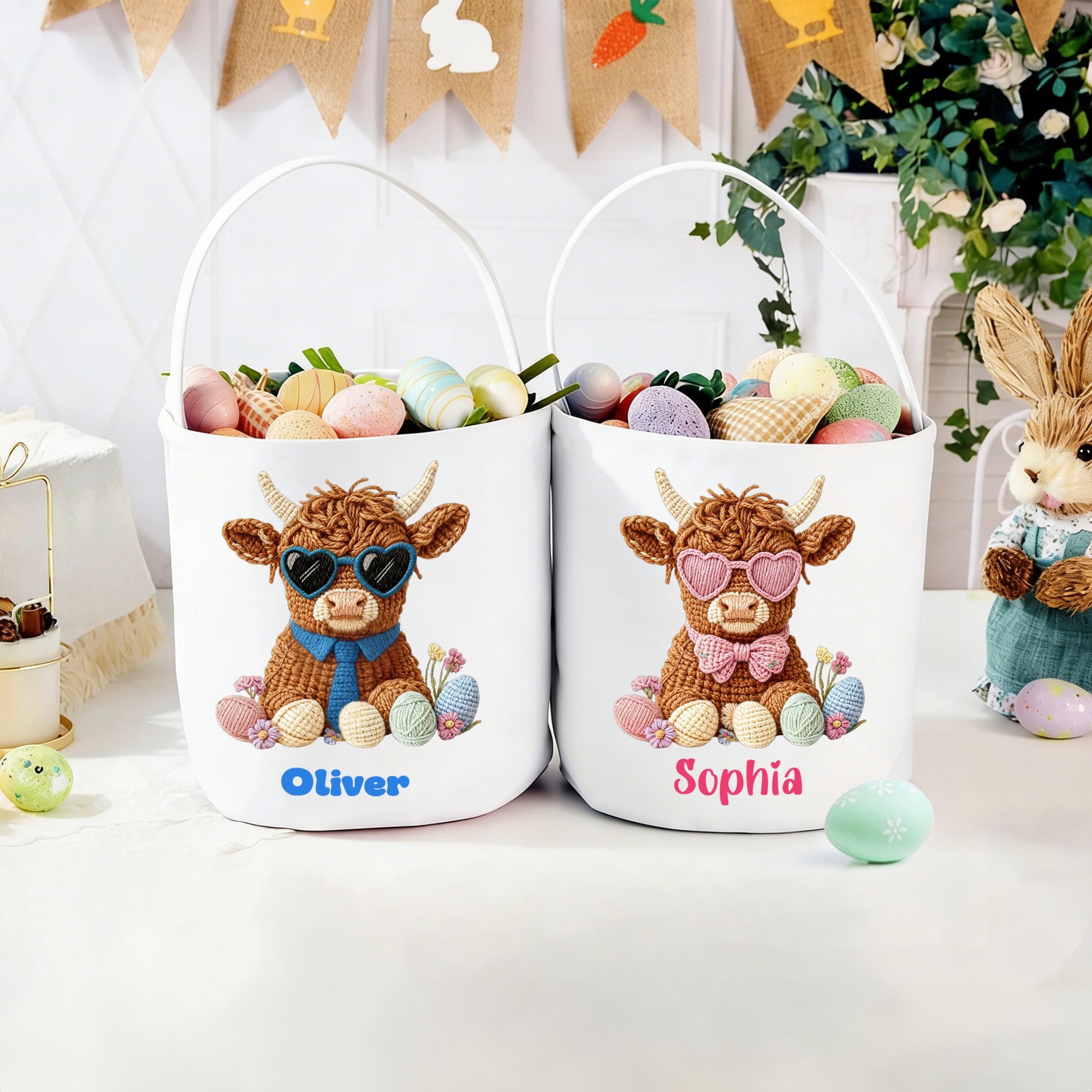 Cesta de huevos de Pascua personalizada con el nombre de una linda vaca de las Highlands Regalo de Pascua para niños Niñas