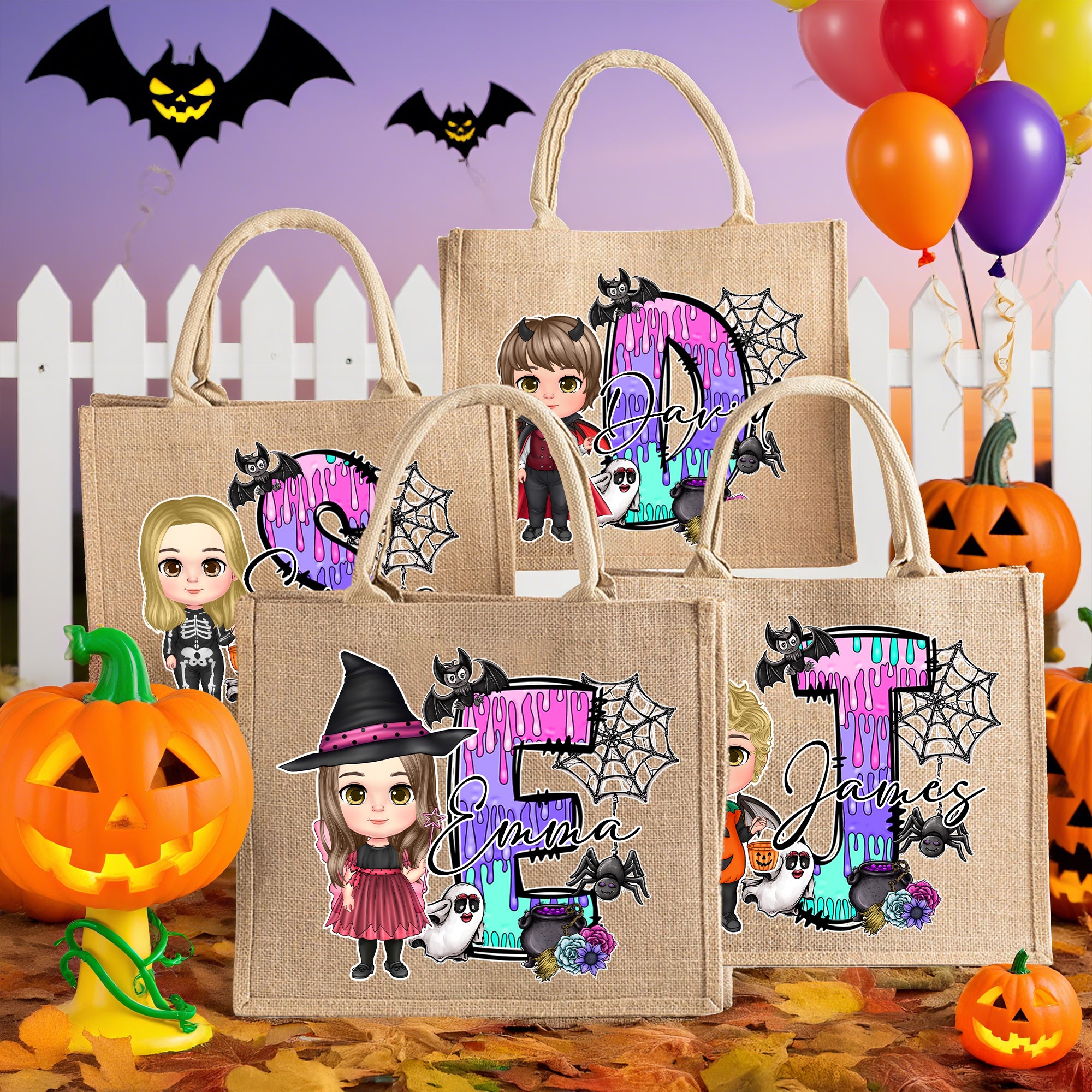Personalizado Lindo Dibujo Bruja Vampiro Esqueleto Bolsa de Yute con Nombre e Inicial Trick or Treat Halloween Fiesta Espeluznante Temporada Regalo para Niños Niñas