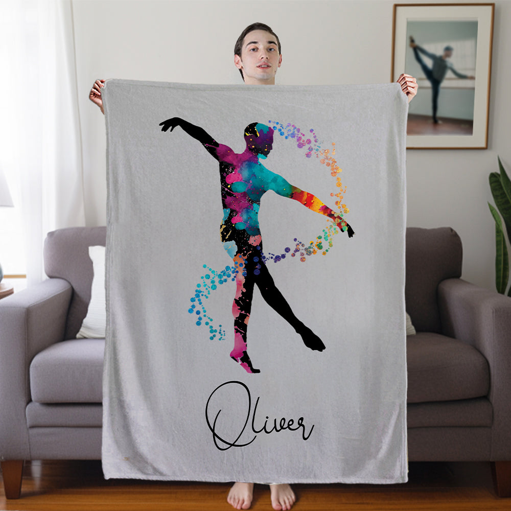 Acuarela Personalizada Silueta de Ballet Masculino Manta Suave con Nombre Decoración de Habitación Cumpleaños Equipo de Baile Regalo para Bailarines de Ballet Masculino