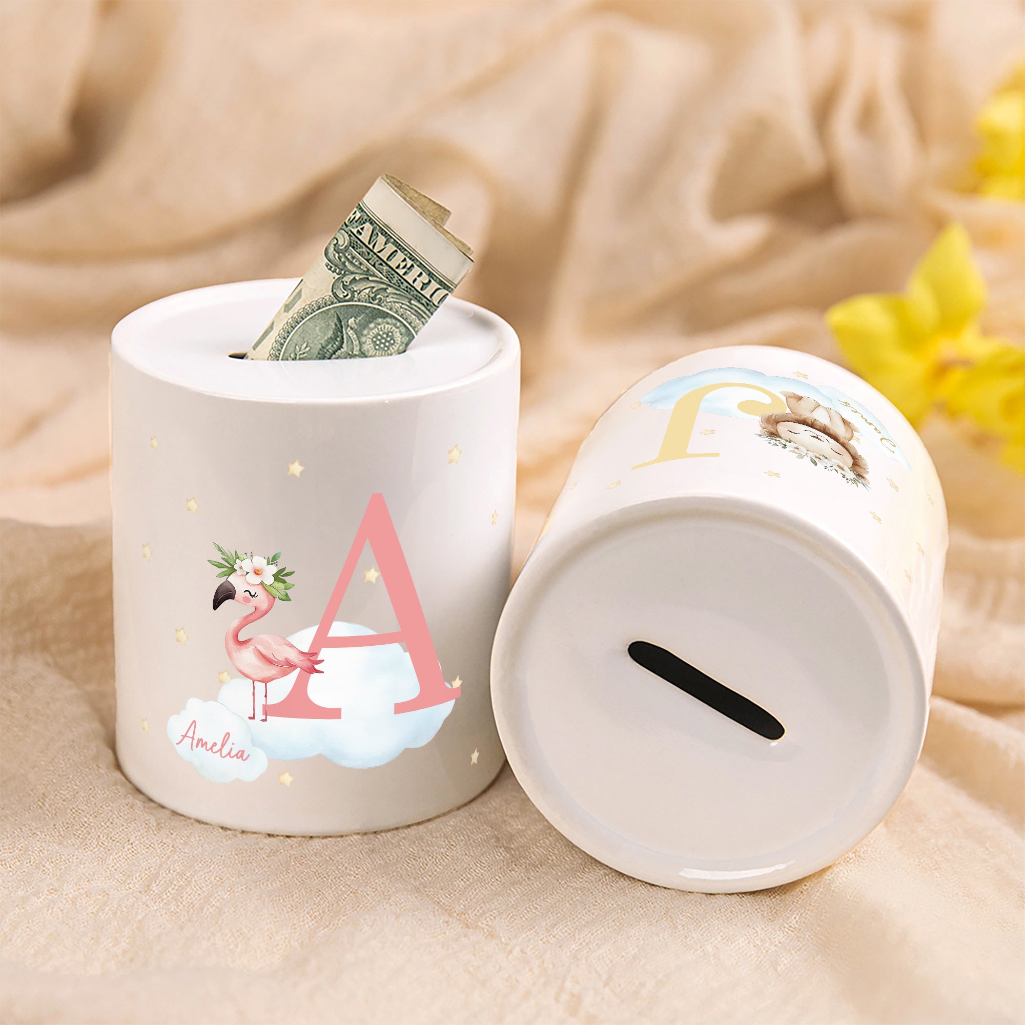 Hucha de cerámica con iniciales de animales en forma de corona personalizada Hucha con nombre Decoración del hogar Regalo de cumpleaños para niños
