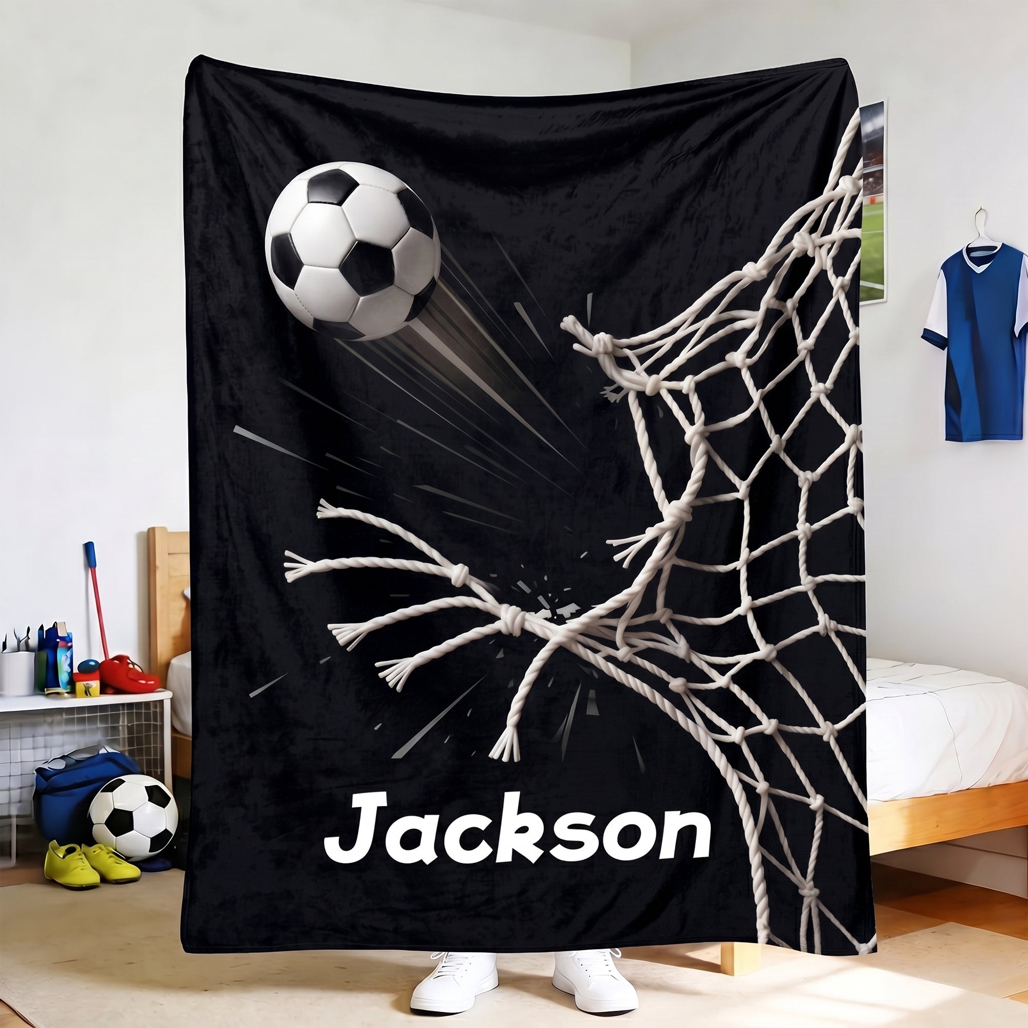 Manta negra personalizada con nombre, decoración del hogar, regalo de cumpleaños para un futbolista.