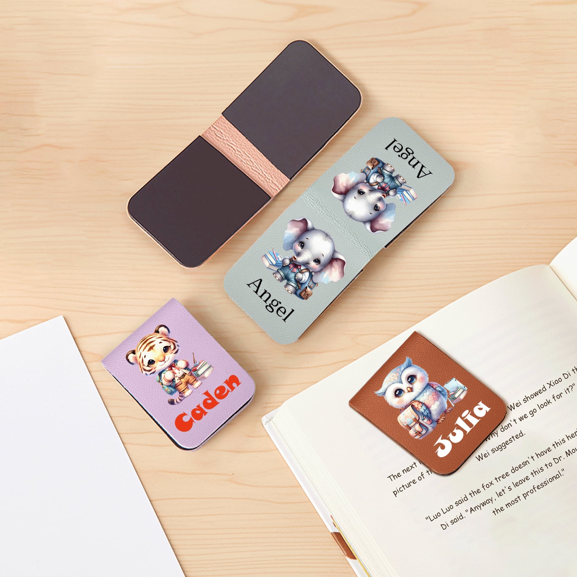 Personalizado lindo animal de dibujos animados de la escuela multicolor magnético de cuero de la PU Marcapáginas con el nombre de la lectura de cumpleaños de regalo para los niños estudiantes ratones