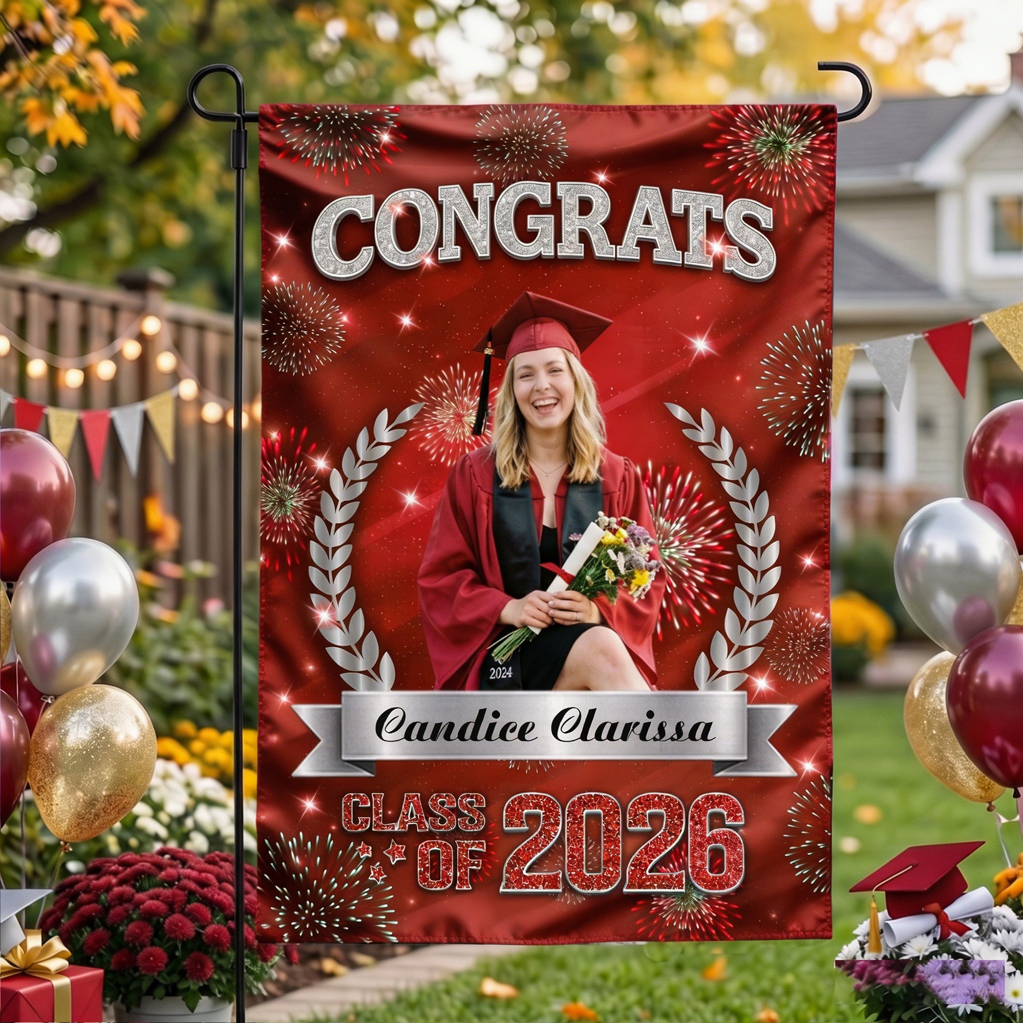 Bandera de jardín personalizada con foto multicolor de la promoción 2026 con nombre y año Decoración de jardín Regalo de graduación para graduados