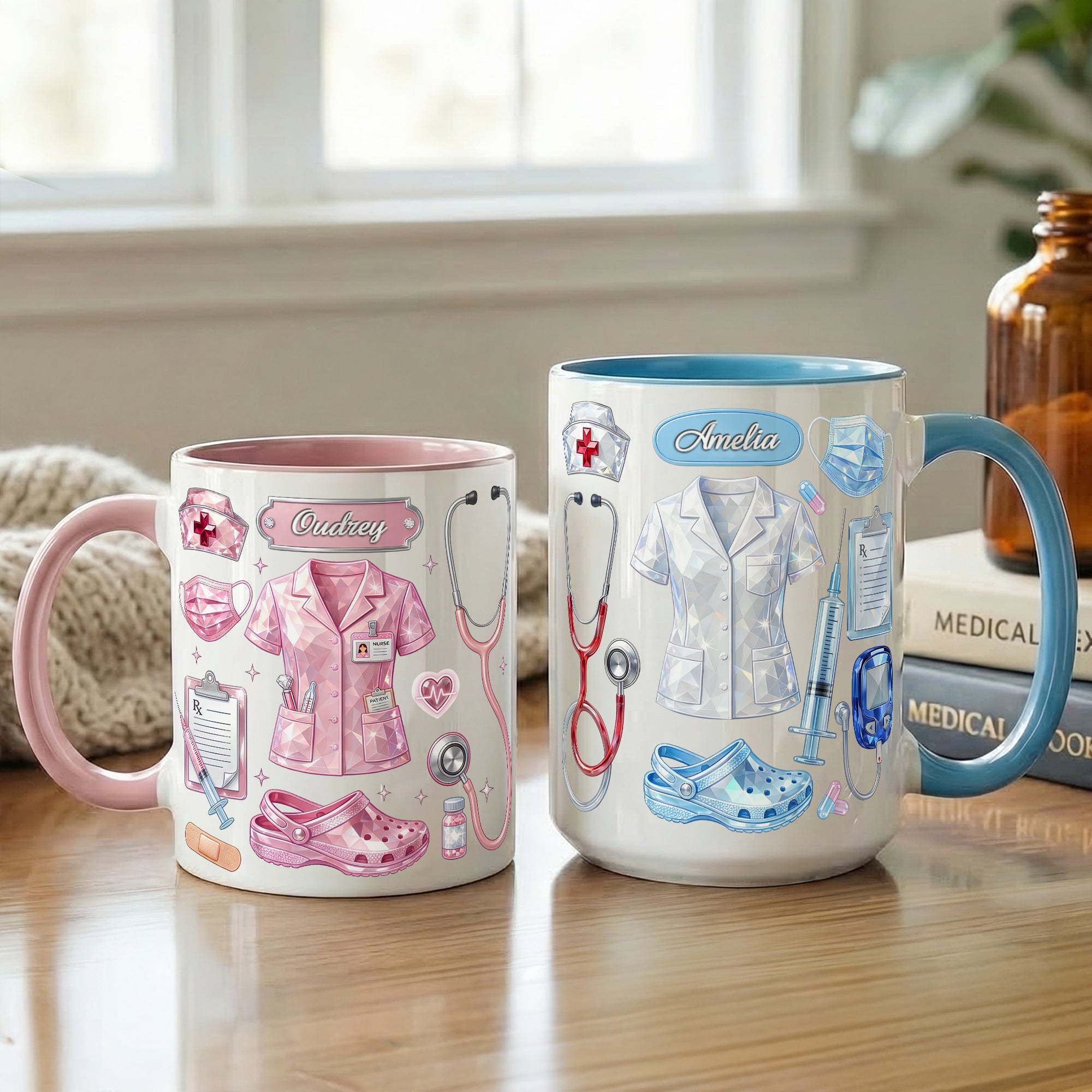 Taza de café de cerámica con nombre personalizada con elementos médicos estilo cristal Regalo para el día de la enfermera en su cumpleaños de uso diario