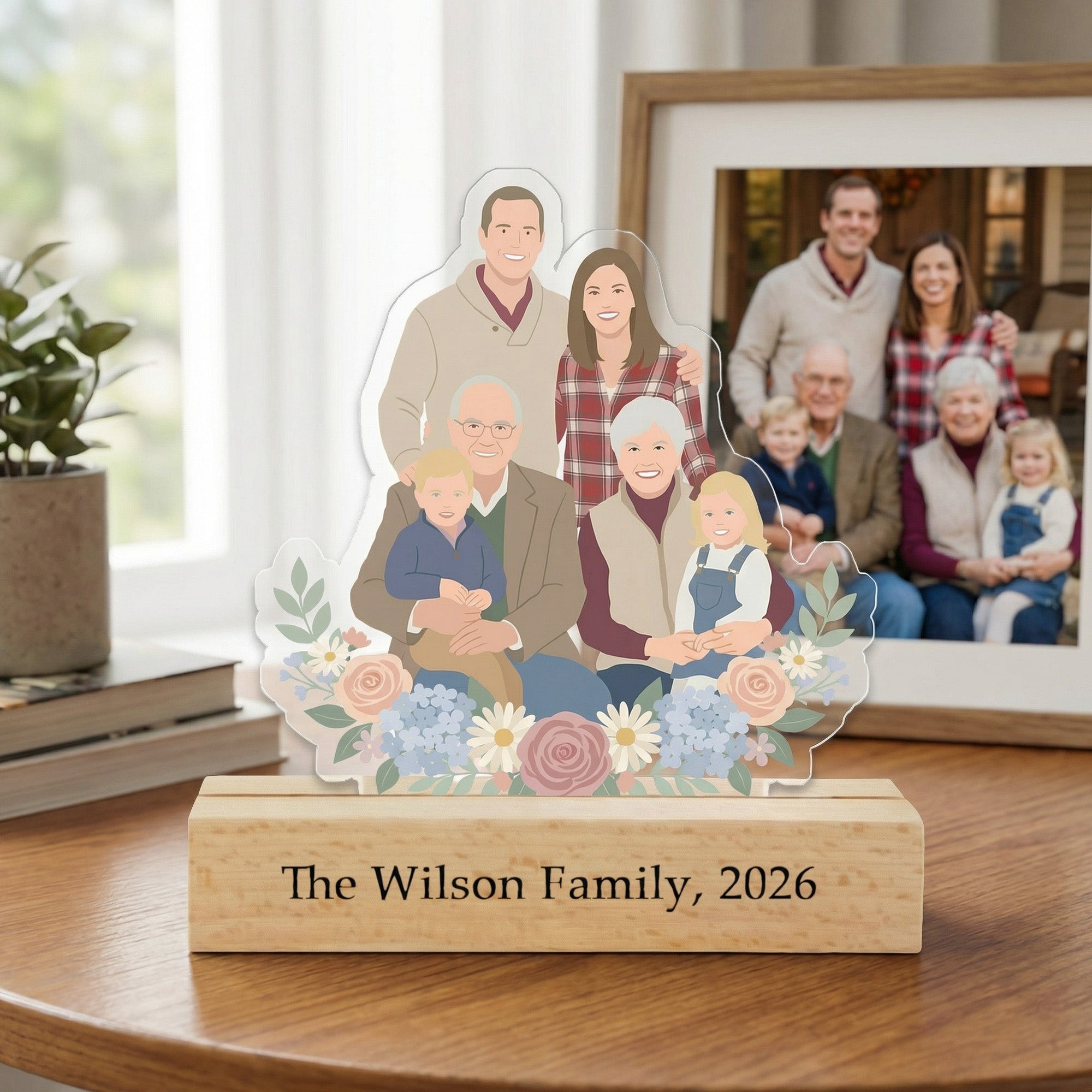 Ornamento acrílico personalizado de retrato fotográfico de grupo de estilo plano con texto inferior y base de madera de haya Decoración del hogar Regalo del Día de la Madre para mamá Abuela