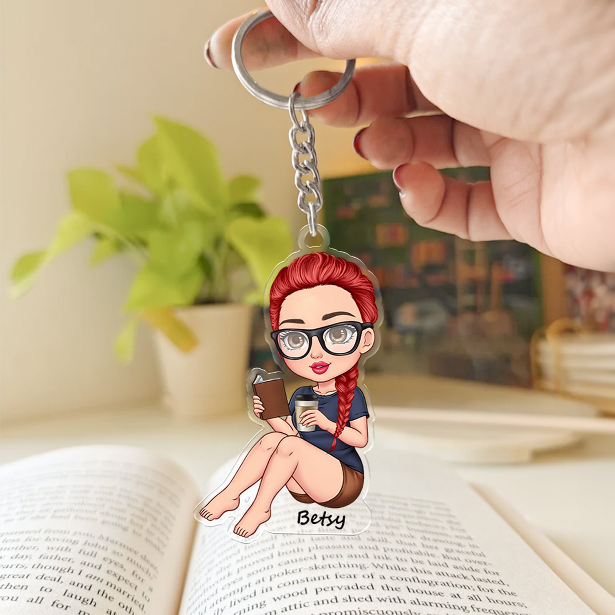 Llavero de acrílico con nombre de personaje de lectura de dibujos animados Uso diario Aniversario Cumpleaños Regalo para mujeres ratones de biblioteca Amantes de los libros