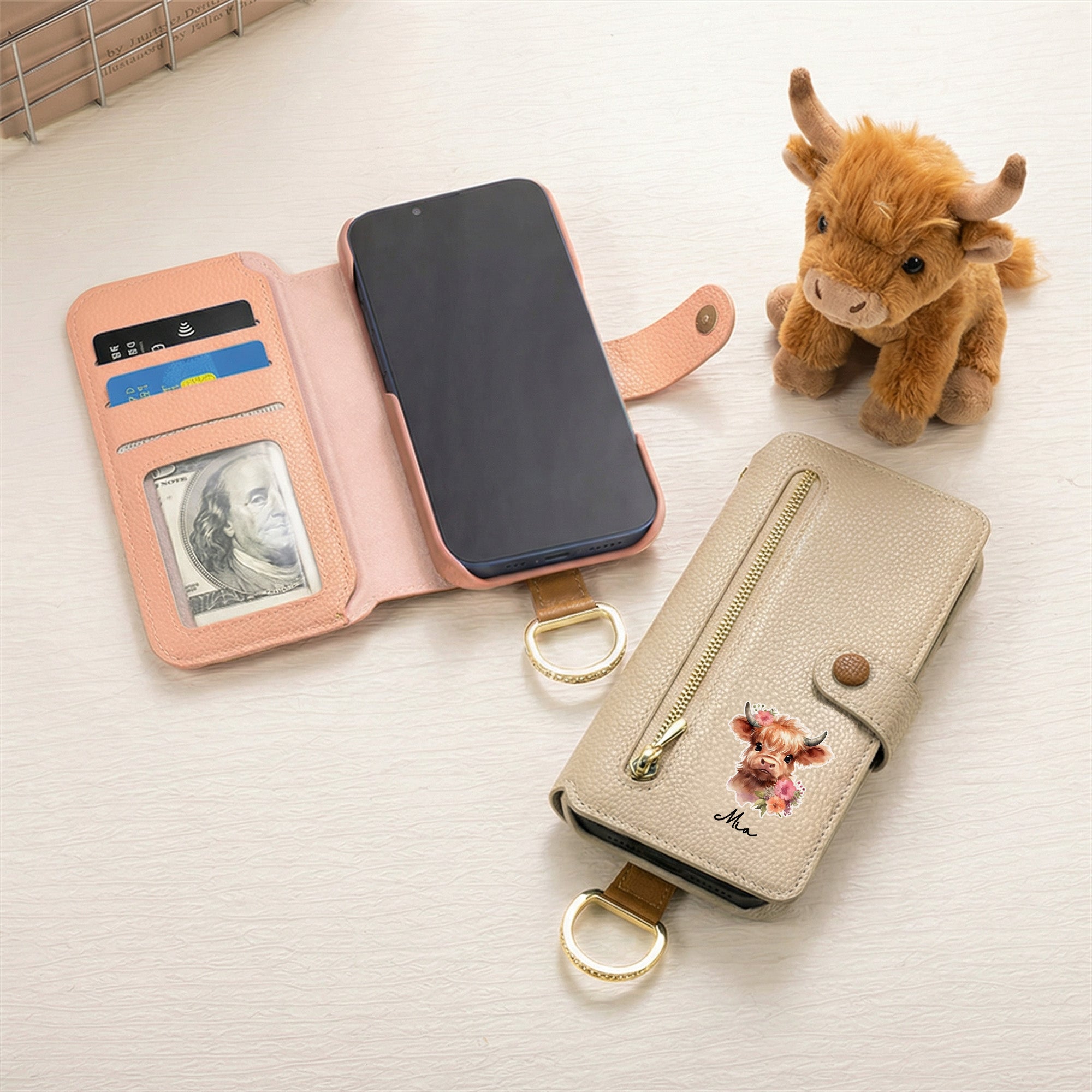 Personalizado lindo Highland Vaca Flor PU Cuero Flip Cartera Funda de Teléfono con Nombre RFID Bloqueo Tarjetero Día de la Madre Regalo de cumpleaños para las mujeres