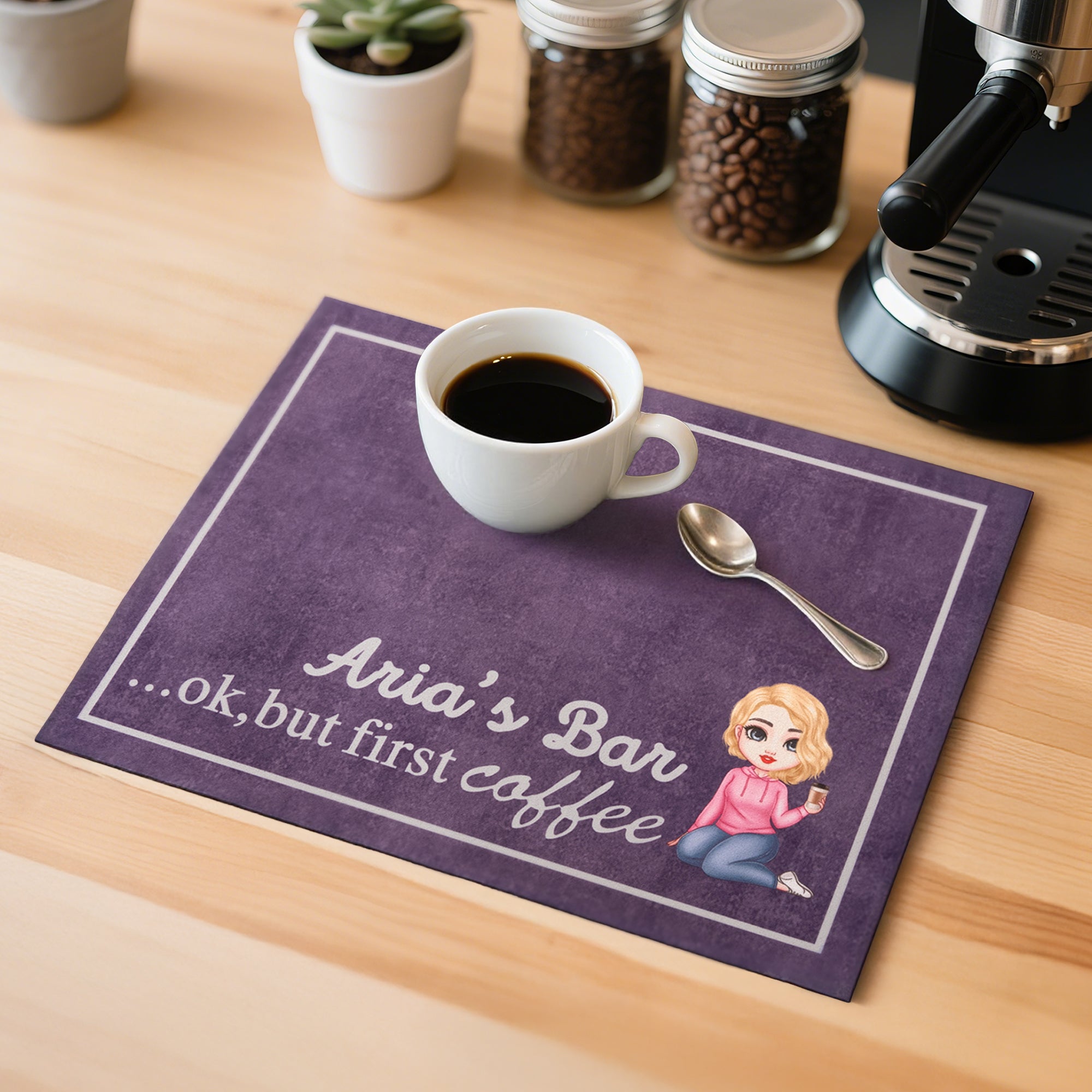 Alfombrilla de café personalizada de dibujos animados con nombre Decoración de mesa Regalo de cumpleaños para baristas amantes del café