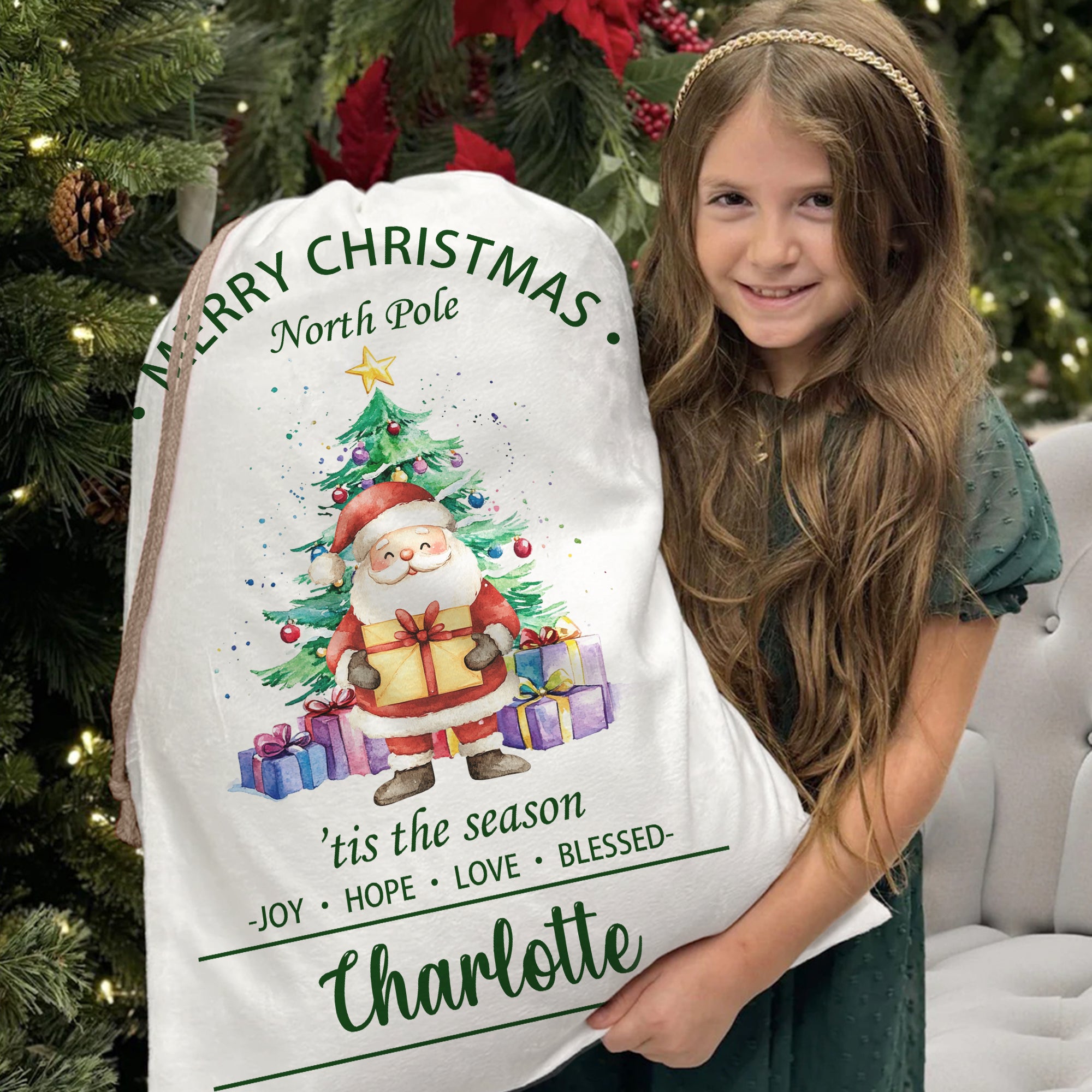 Personalizado lindo Santa Claus muñeco de nieve animales bolsa de regalo de cordón con el nombre de regalo de Navidad para los niños de la familia